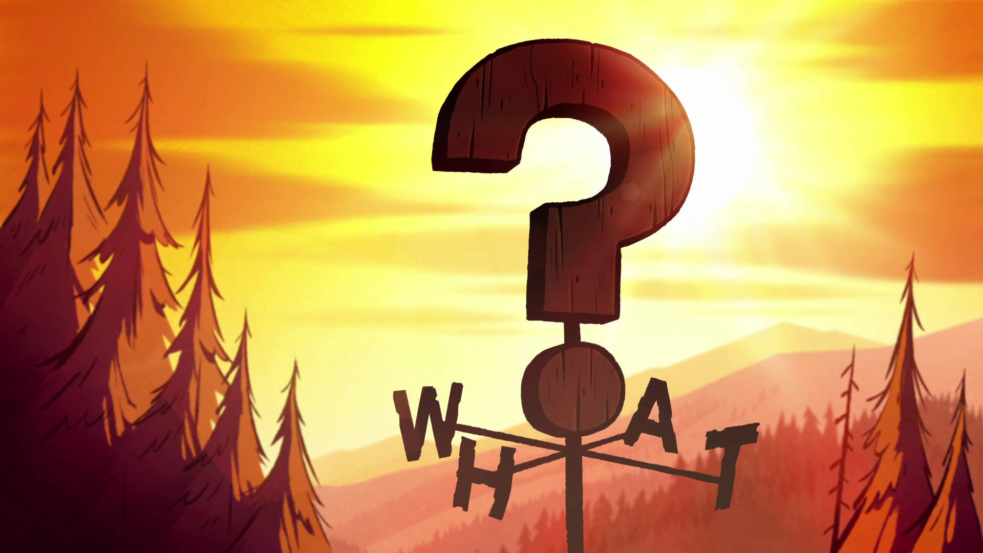 Gravity Falls, wooden question mark, sunset, Full HD Desktop Wallpaper