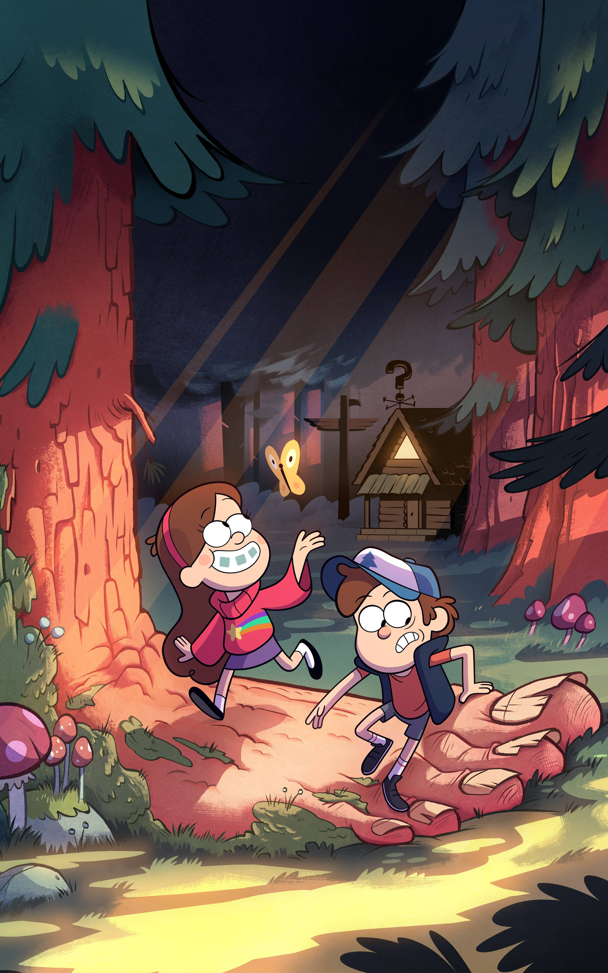 Gravity Falls, glowing forest, night, 4K Phone Wallpaper