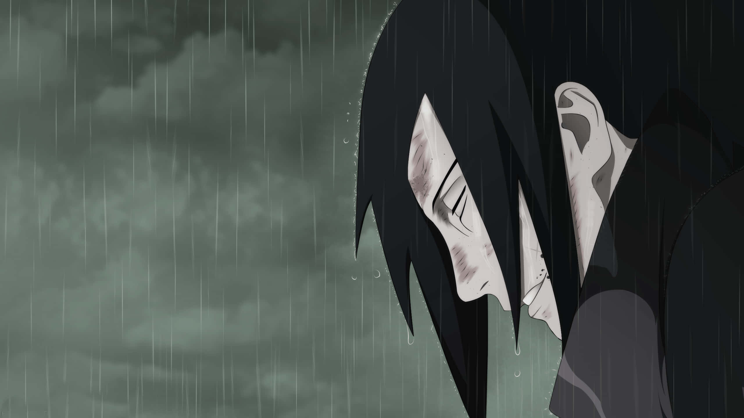 gray aesthetic sad, melancholic anime character, black hair, 2K Desktop Wallpaper