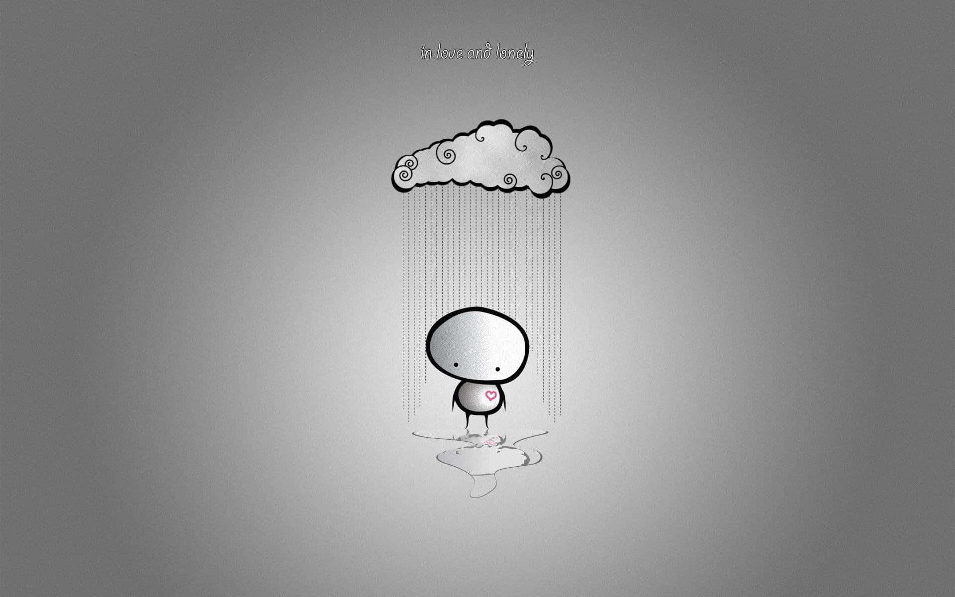gray gradient background, cloud raining hearts, minimalist cartoon figure, Full HD Desktop Wallpaper