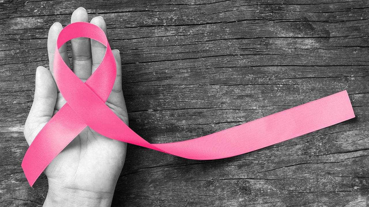 pink breast cancer awareness ribbon, black and white wooden background, hand, HD Desktop Wallpaper