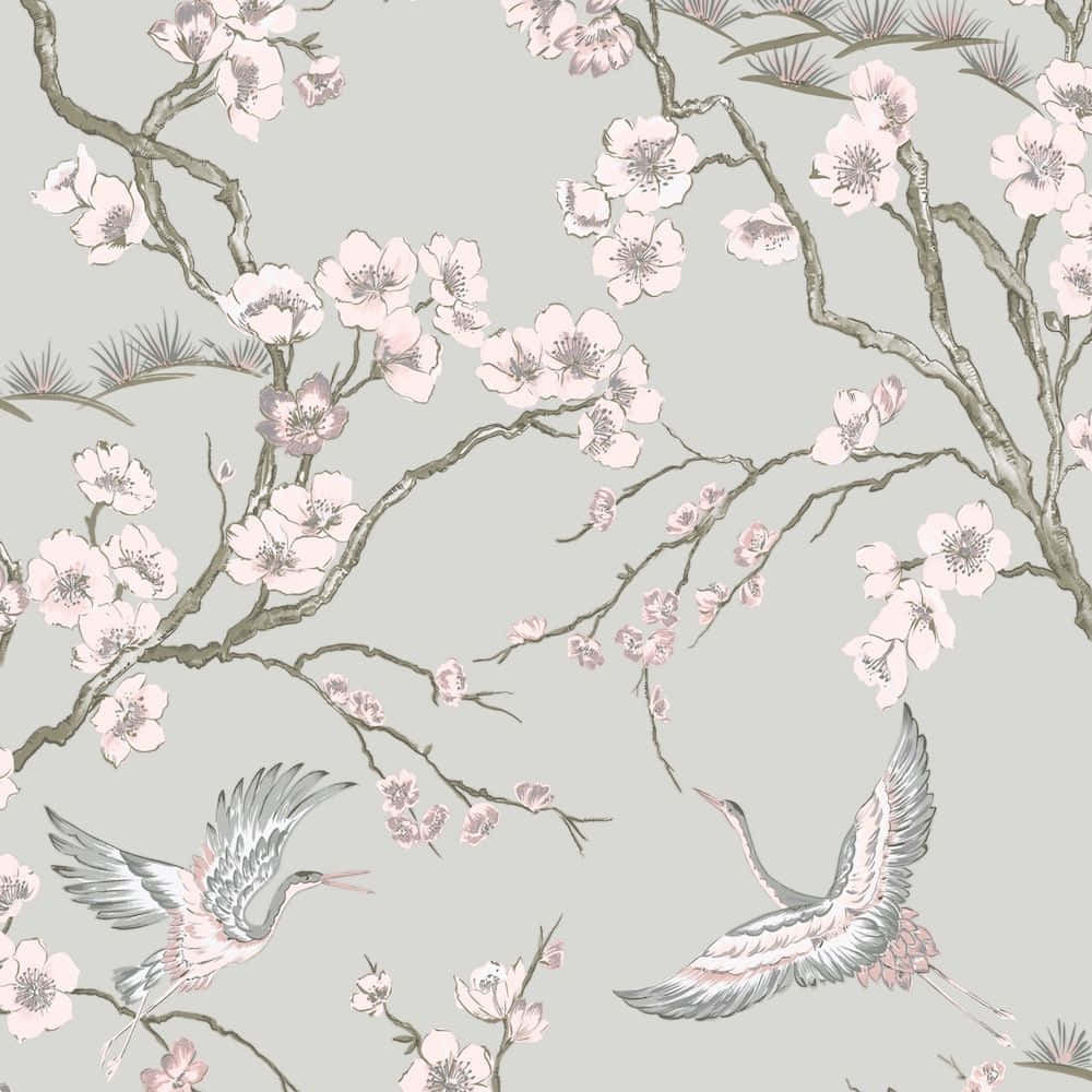 cherry blossom branches, pink flowers, flying cranes, SD Desktop Wallpaper
