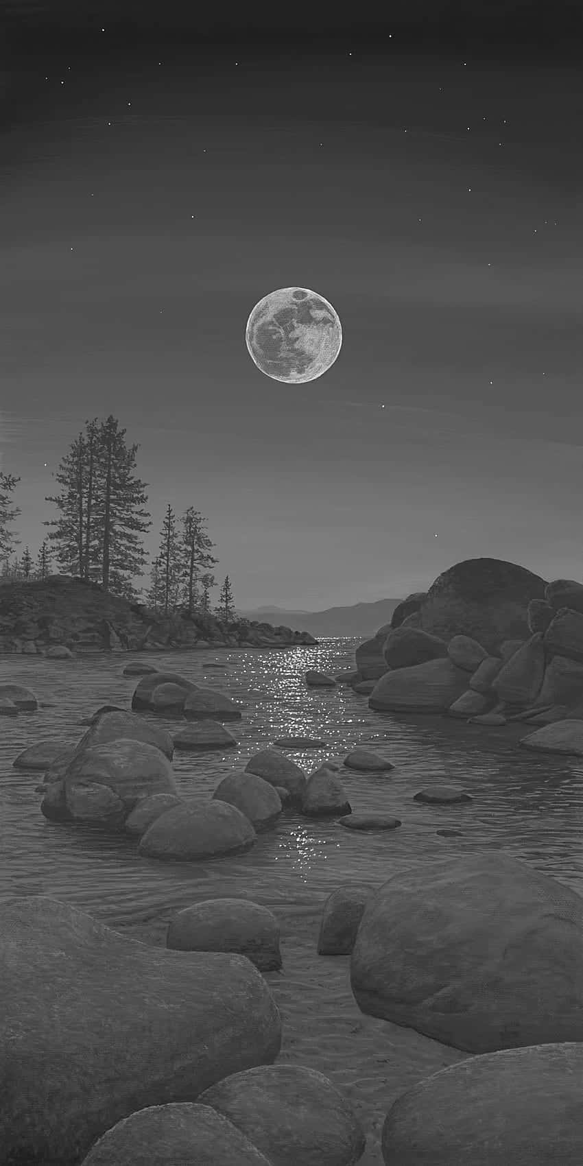 Moonlit Riverbed, full moon, starry night sky, HD Phone Wallpaper