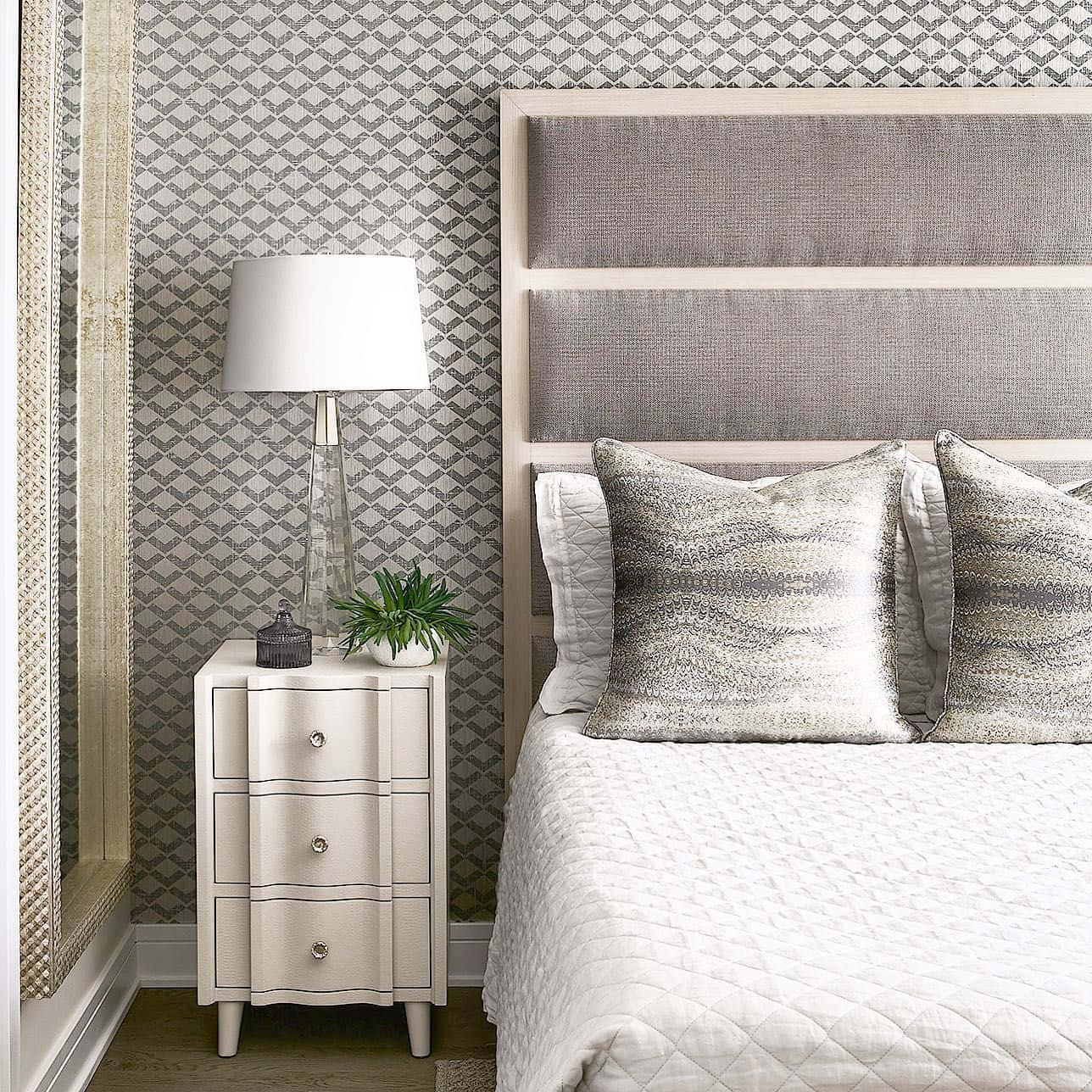 gray bedroom, textured gray pillows, geometric patterned wallpaper, HD Desktop Wallpaper