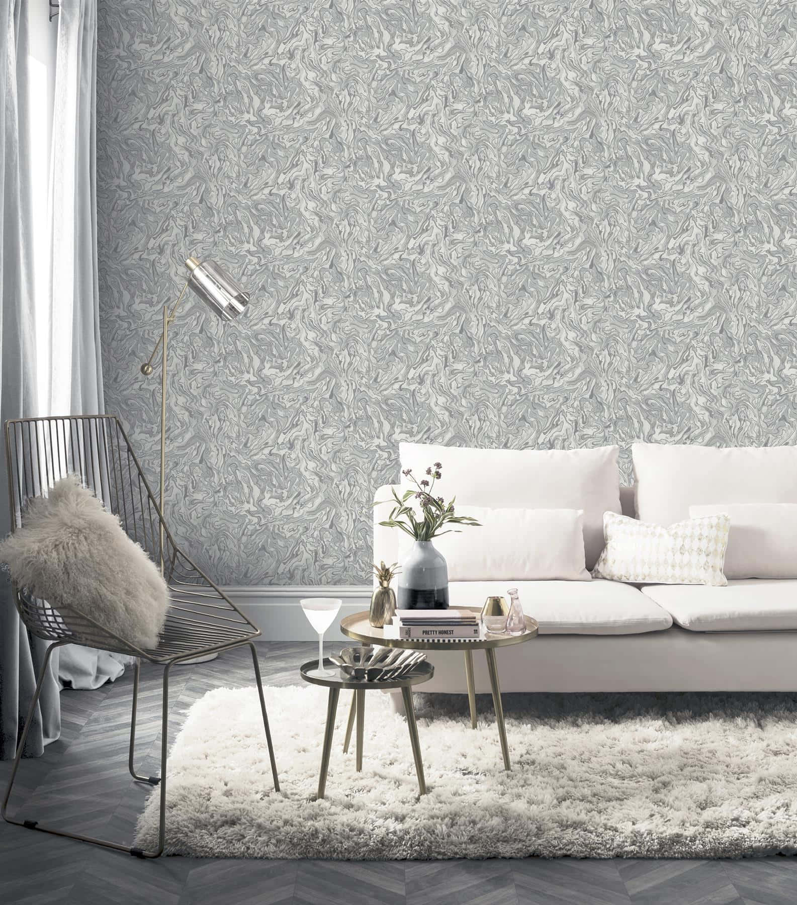 modern gray white living room decor, white sofa, wire chair, HD Phone Wallpaper