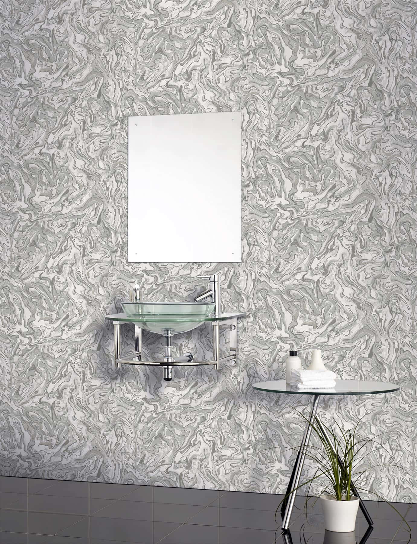modern bathroom, swirling gray and white marble-patterned wallpaper, glass sink, HD Phone Wallpaper