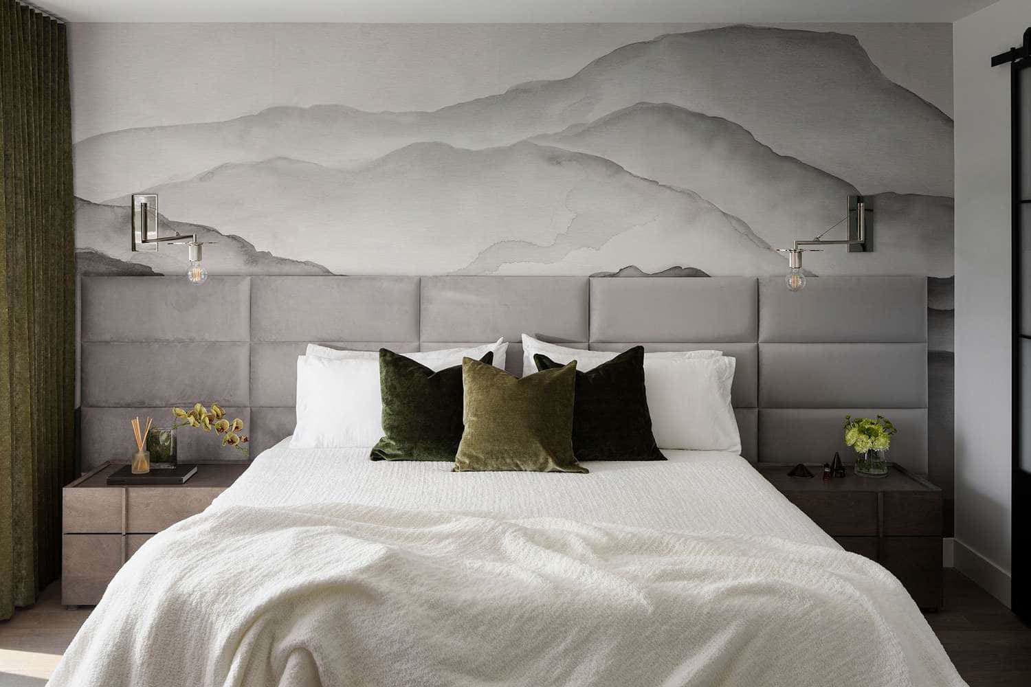 modern mountain mural, gray mountain mural wall, white linens, HD Desktop Wallpaper