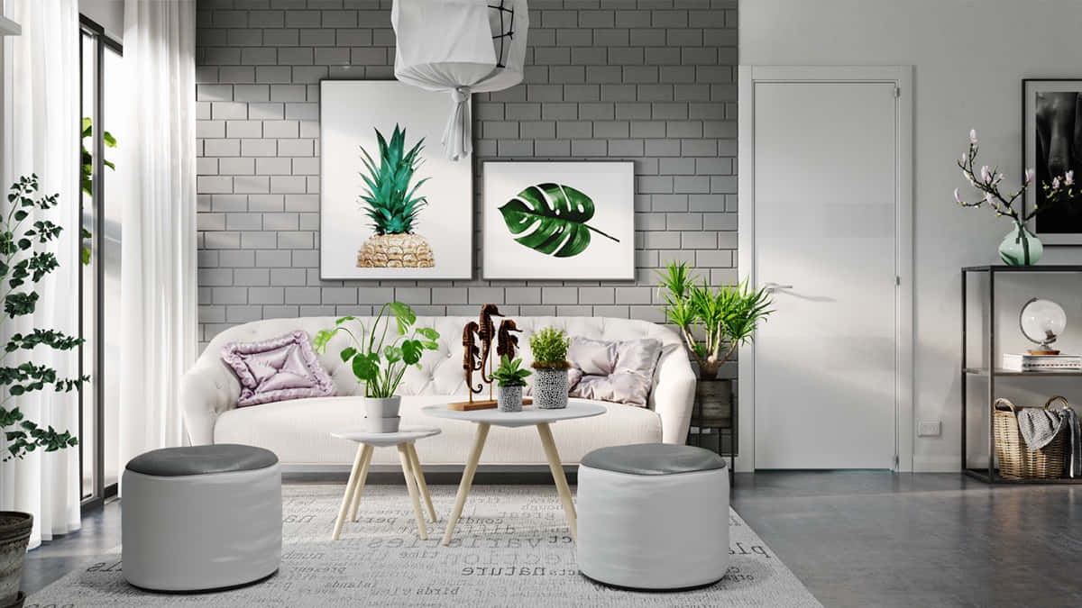 modern gray white living room decor, white sofa, gray brick wall, SD Desktop Wallpaper