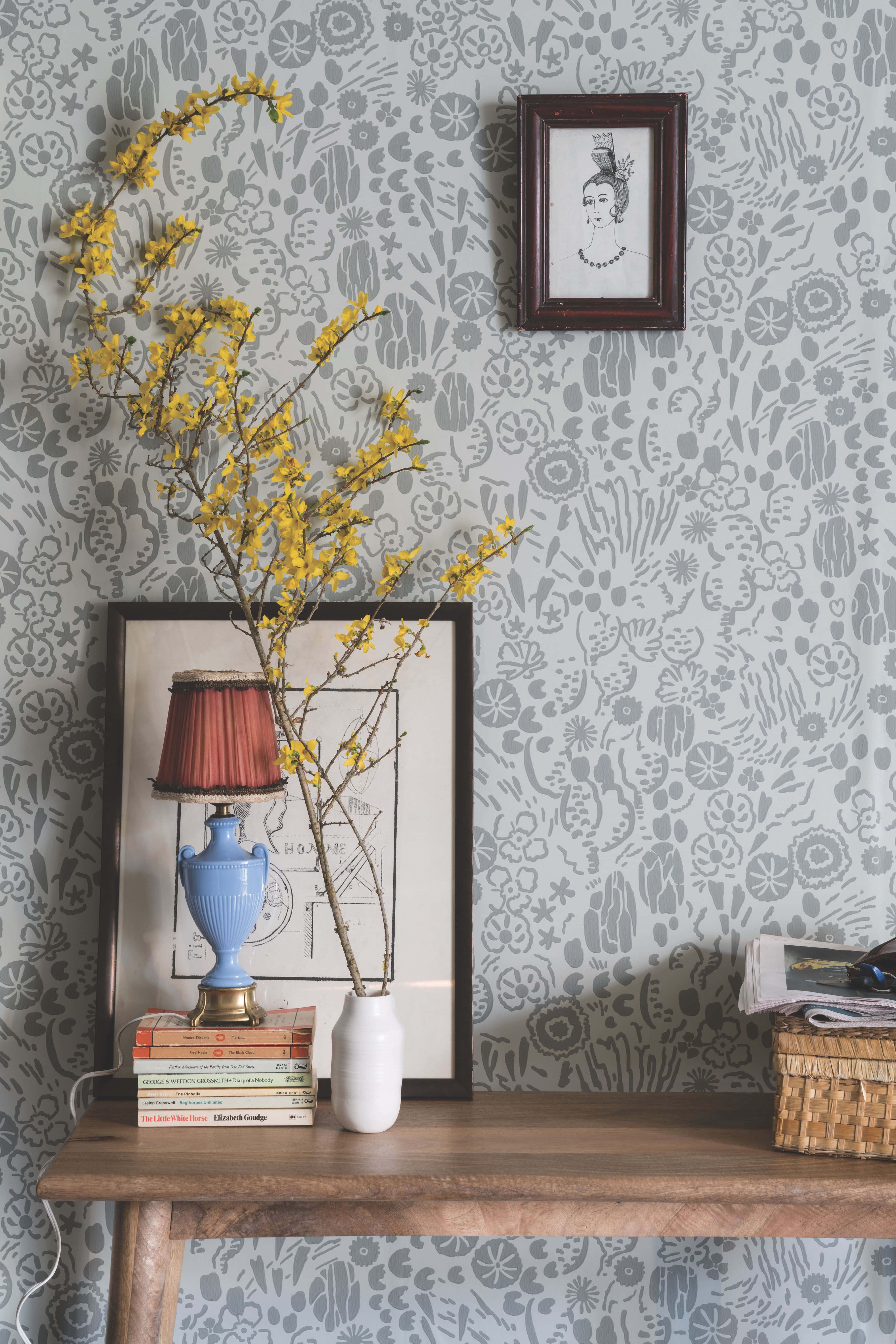 gray floral wallpaper, yellow blossoms, blue lamp, 5K Phone Wallpaper