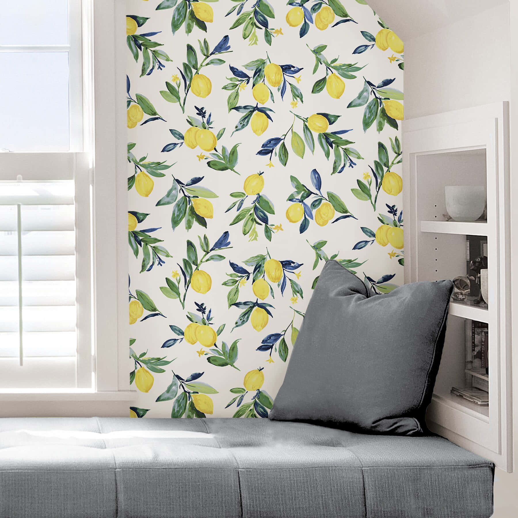 gray cushioned bench, vibrant lemon branch wallpaper, green leaves, HD Desktop Wallpaper