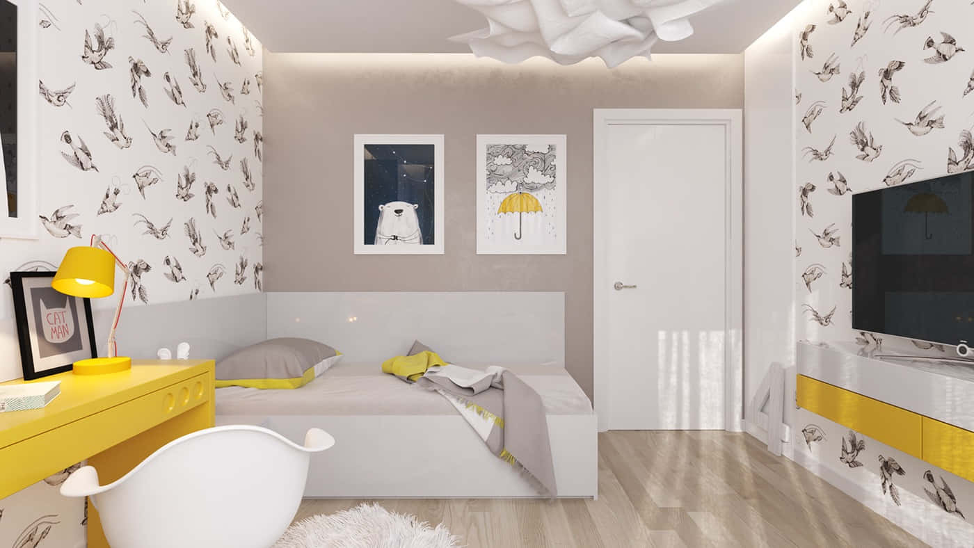 yellow accents, bird-patterned wallpaper, white sculptural chair, HD Desktop Wallpaper