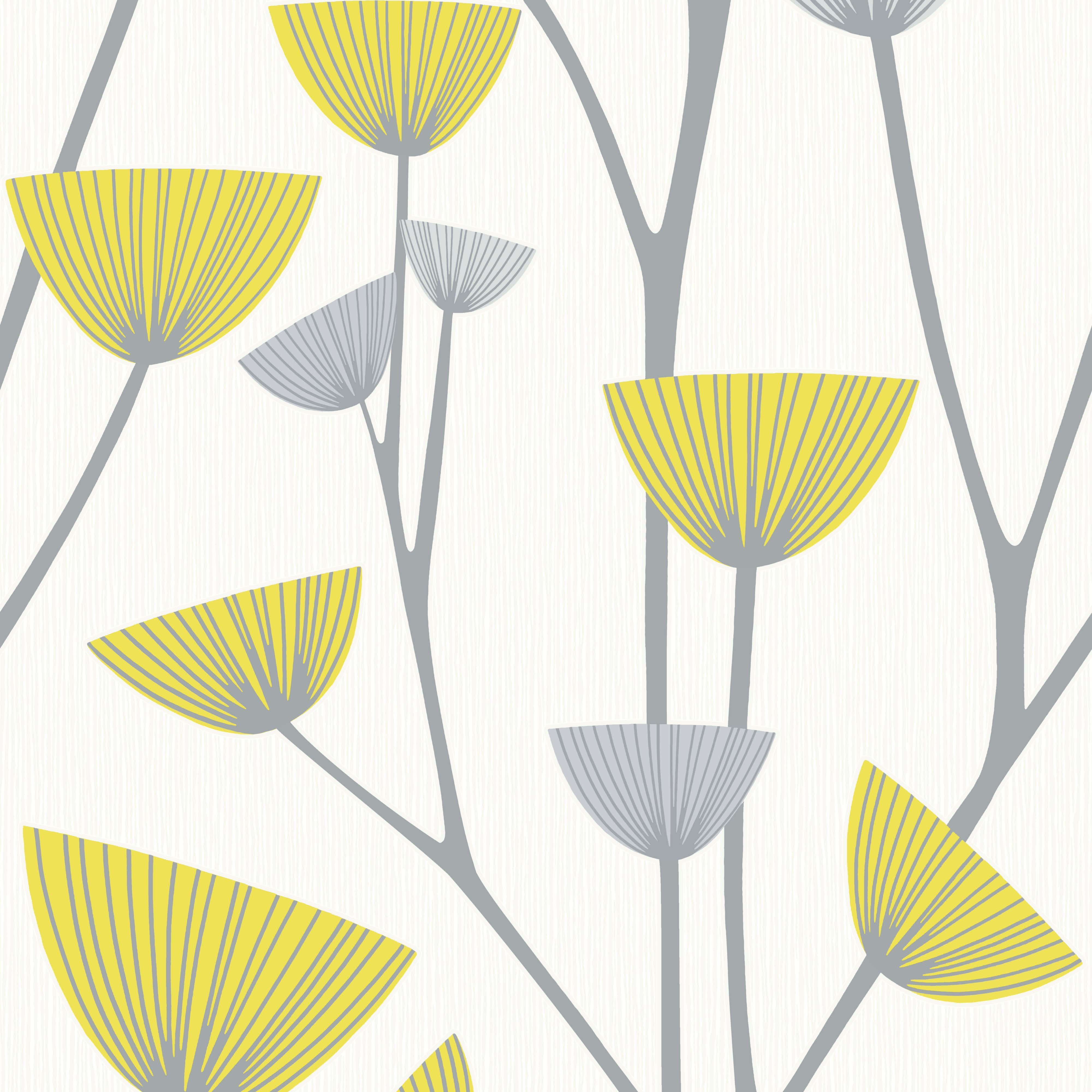 yellow and gray fan-shaped flowers, thin stems, textured off-white background, 4K Desktop Wallpaper