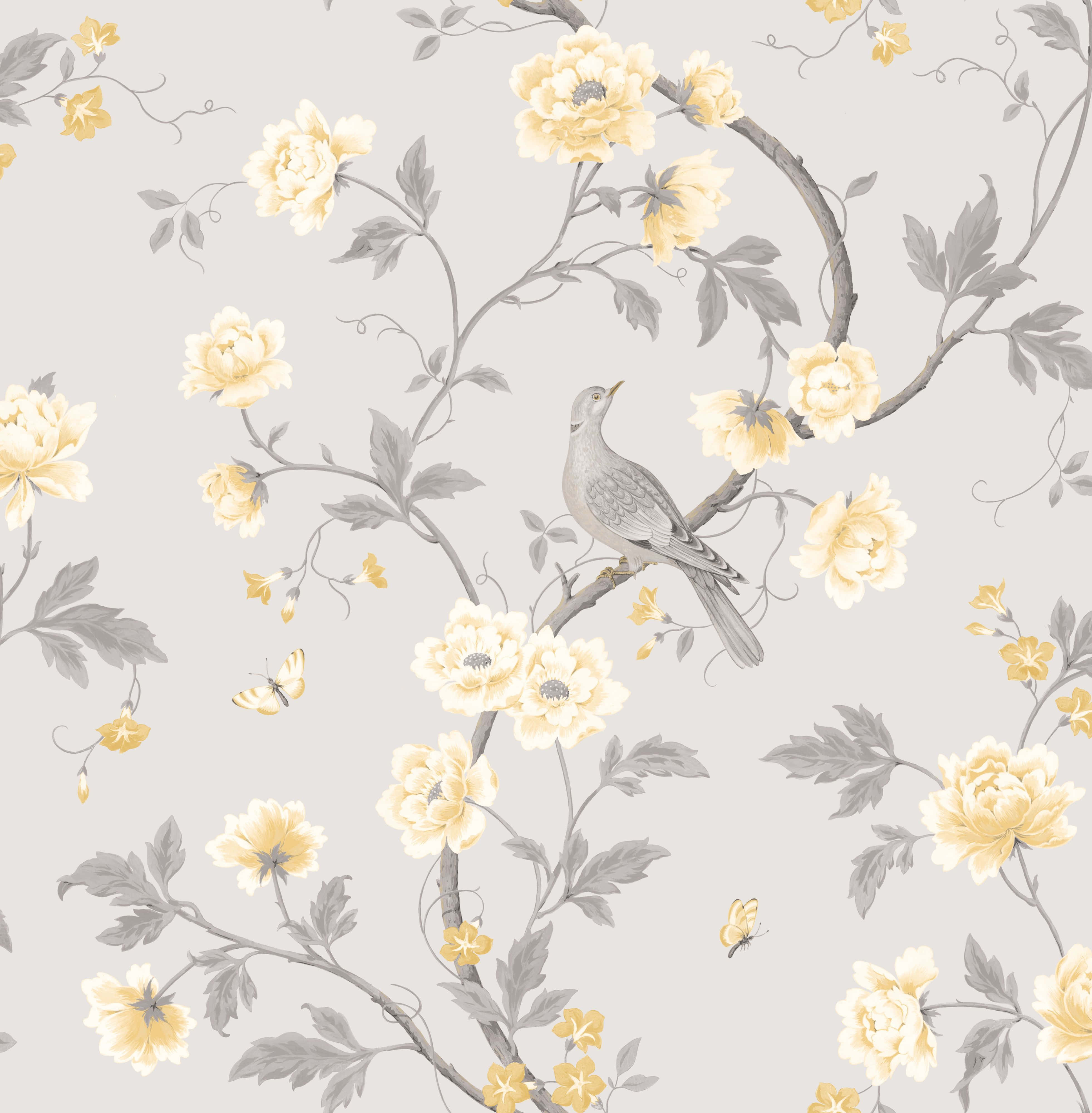 gray branches, cream and yellow flowers, perched bird, 4K Phone Wallpaper