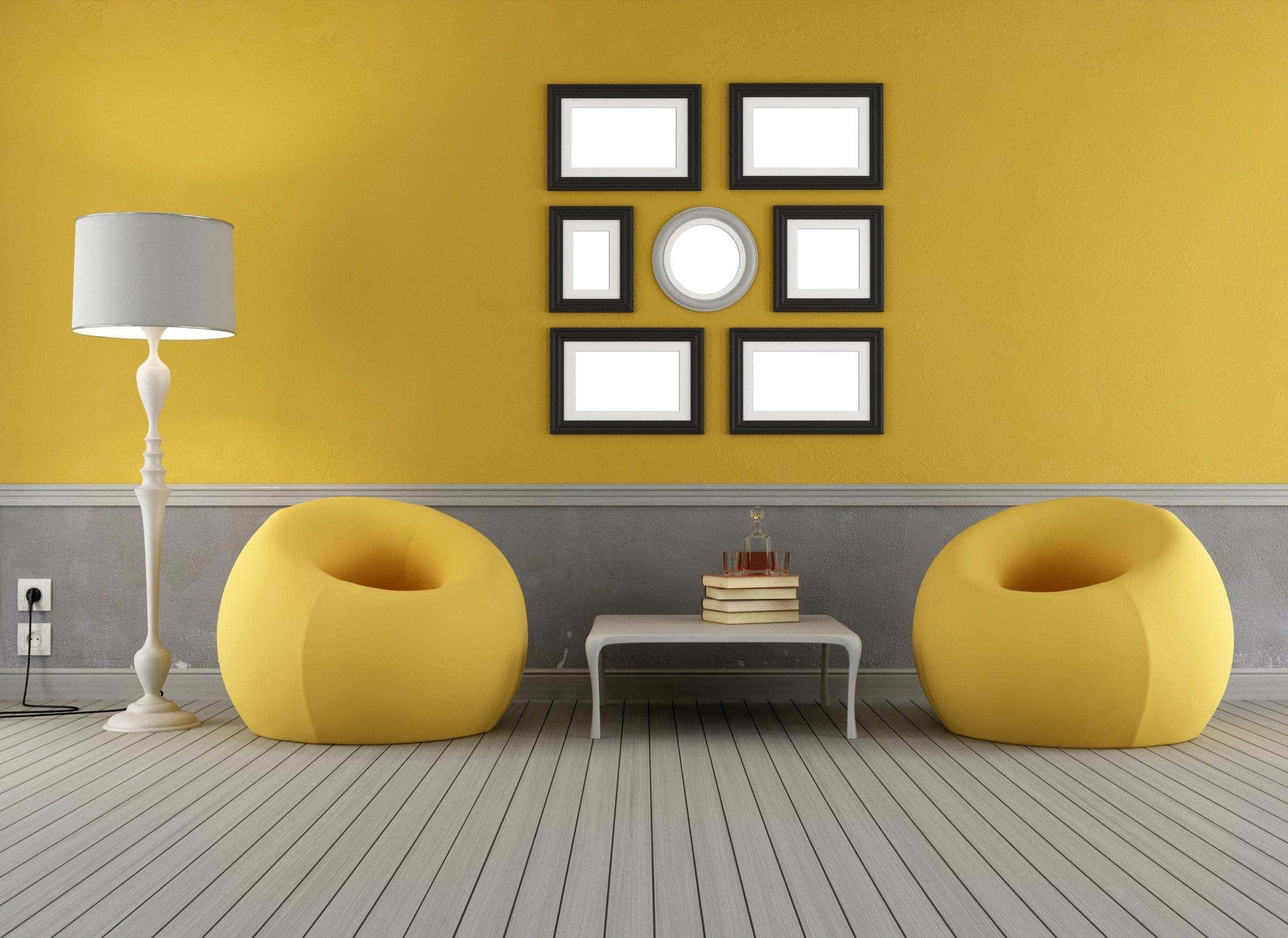 mustard yellow walls, gray wood flooring, bright yellow bean bags, Full HD Desktop Wallpaper