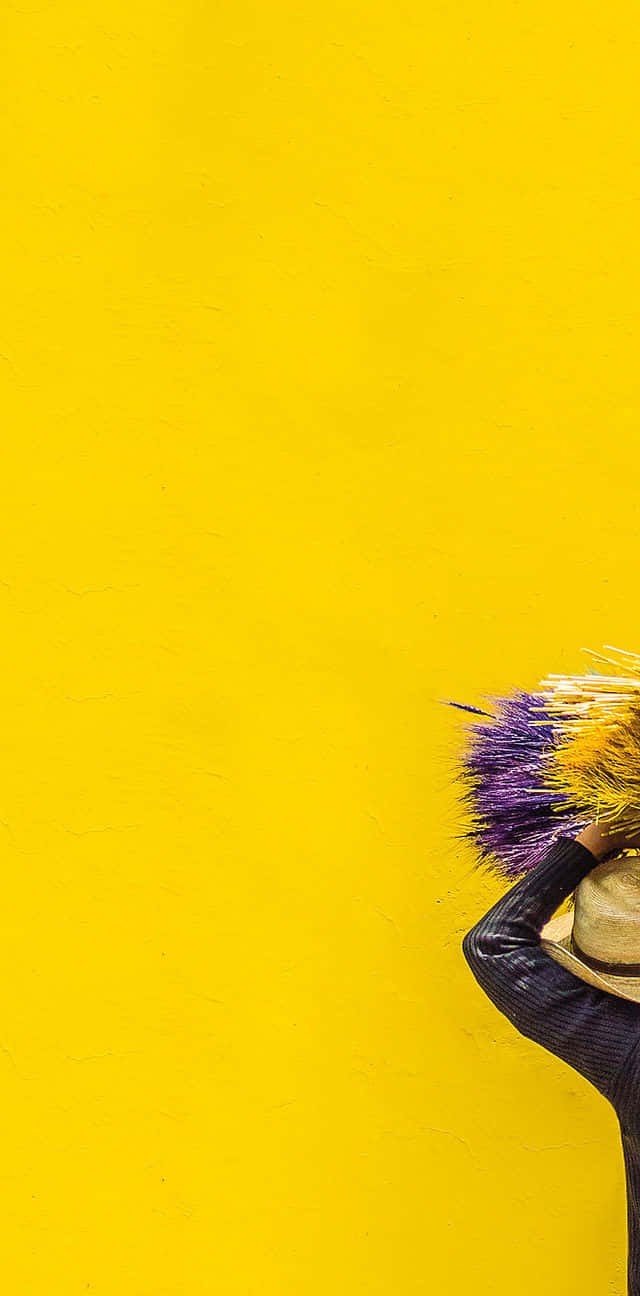 straw hat, vibrant bundle of purple and yellow flowers, bold yellow wall, HD Phone Wallpaper