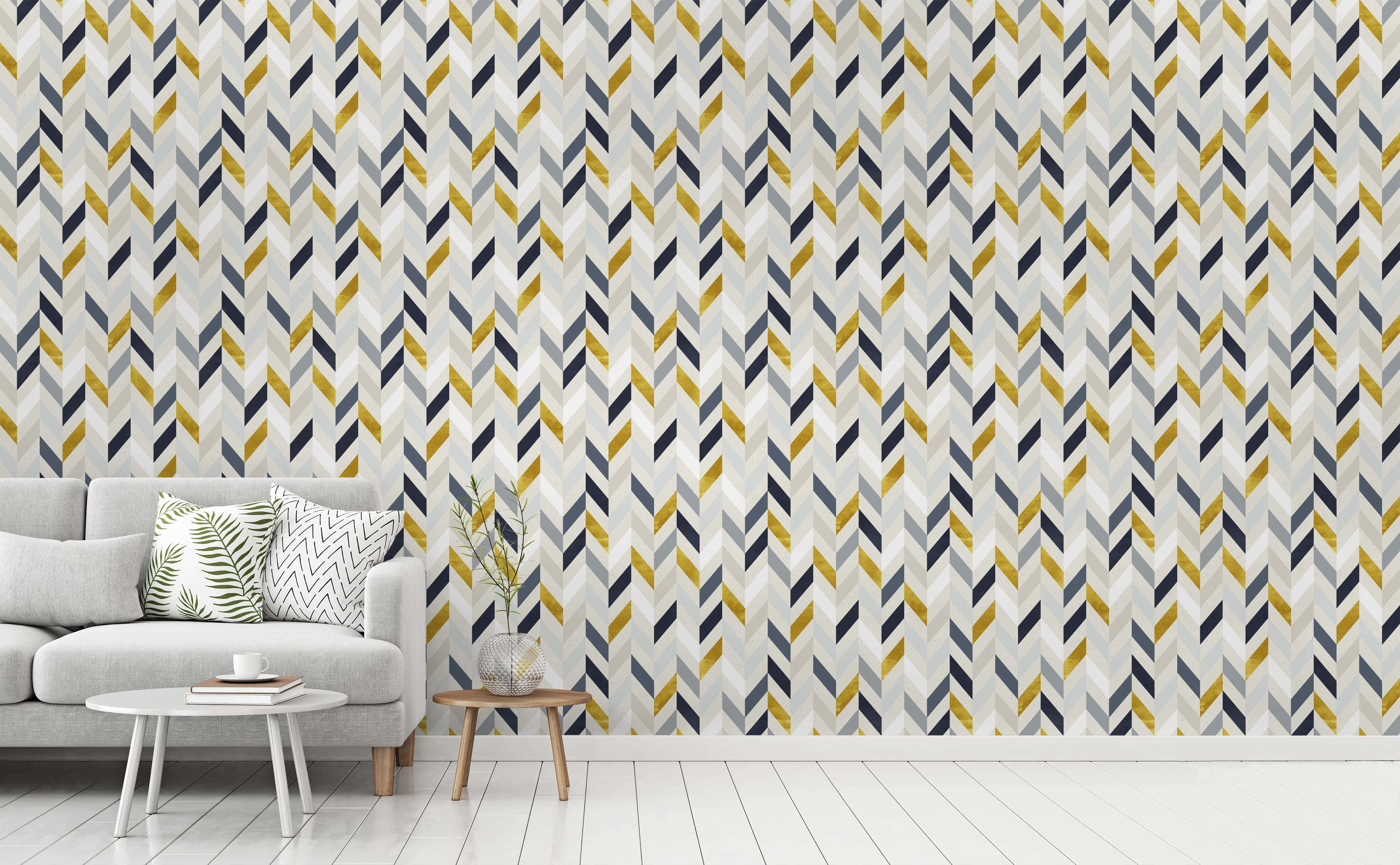 Gray and Yellow Geometric Globe, gray sofa, patterned pillows, 2K Desktop Wallpaper