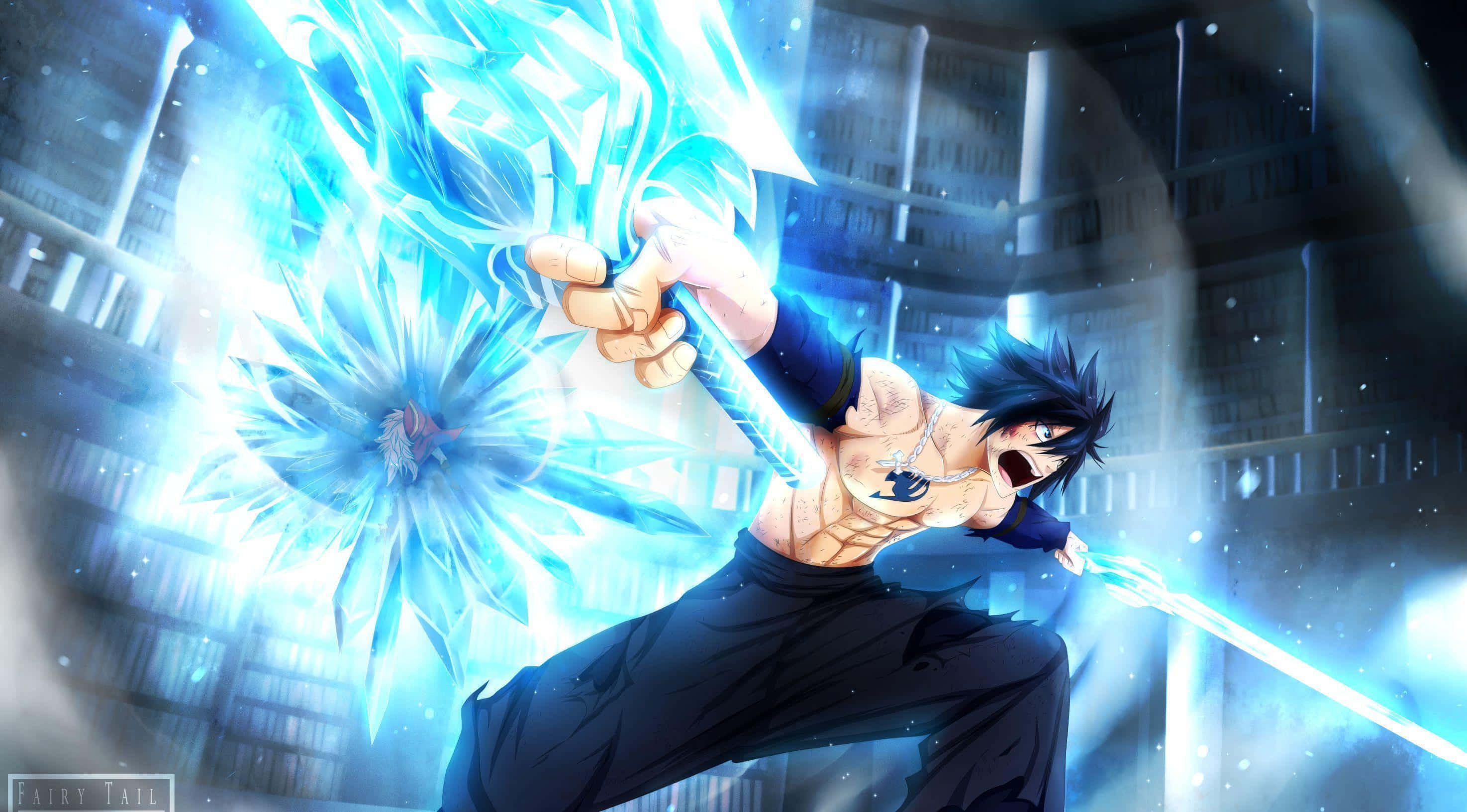 Gray Fullbuster, ice magic, glowing blue ice sword, 2K Desktop Wallpaper