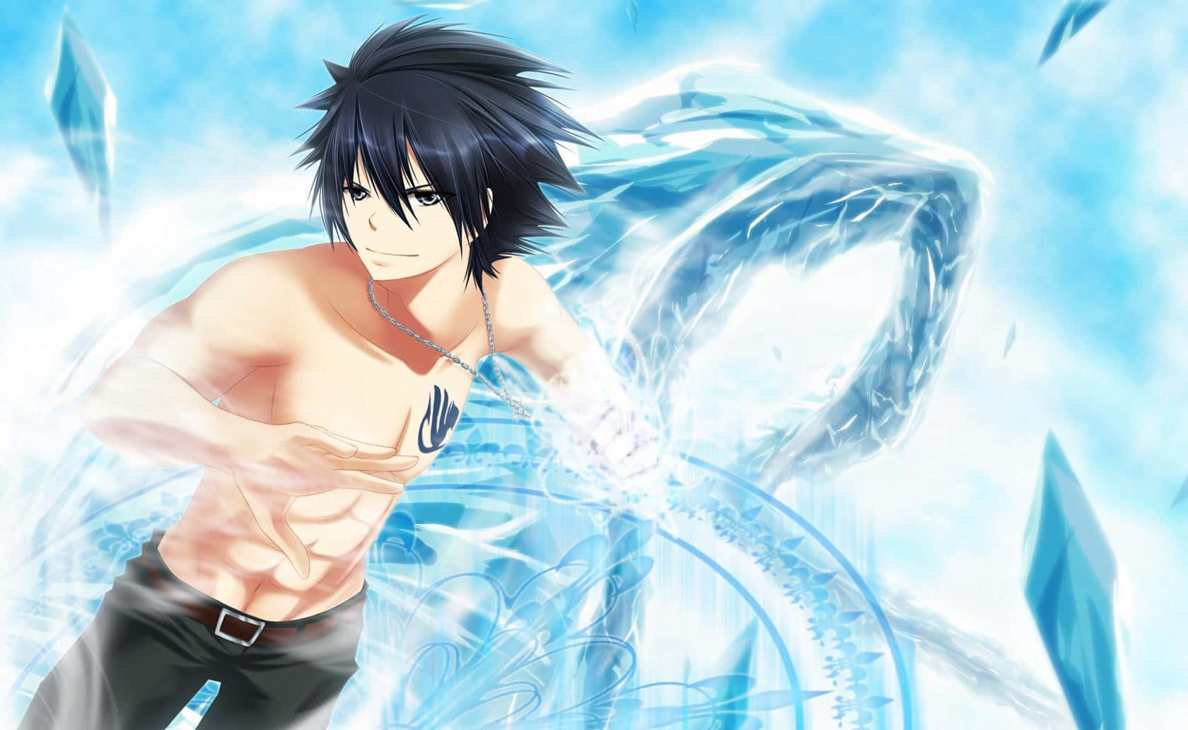 Gray Fullbuster, dark hair, glowing blue ice magic, HD Desktop Wallpaper