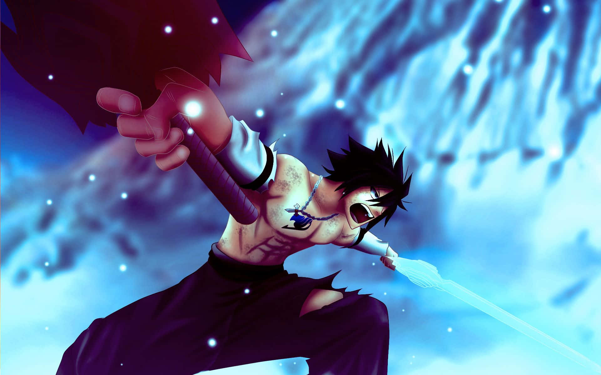 Gray Fullbuster, spiky black hair, glowing sword, Full HD Desktop Wallpaper