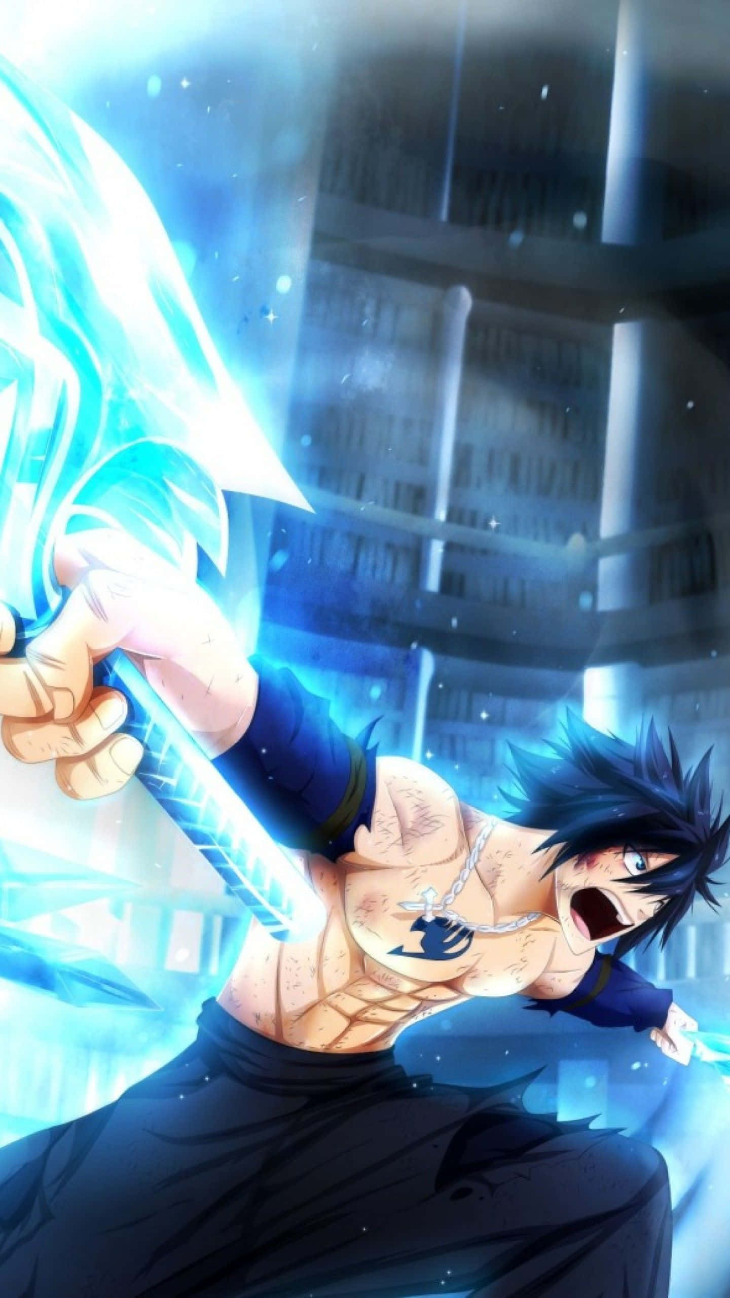 Gray Fullbuster, spiky blue hair, glowing blue sword, 2K Phone Wallpaper