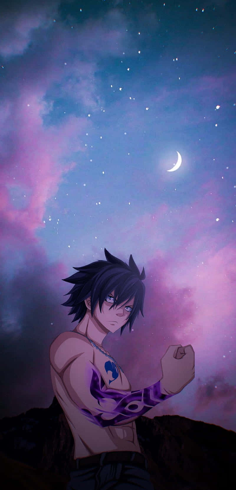 Gray Fullbuster, starry purple sky, crescent moon, HD Phone Wallpaper