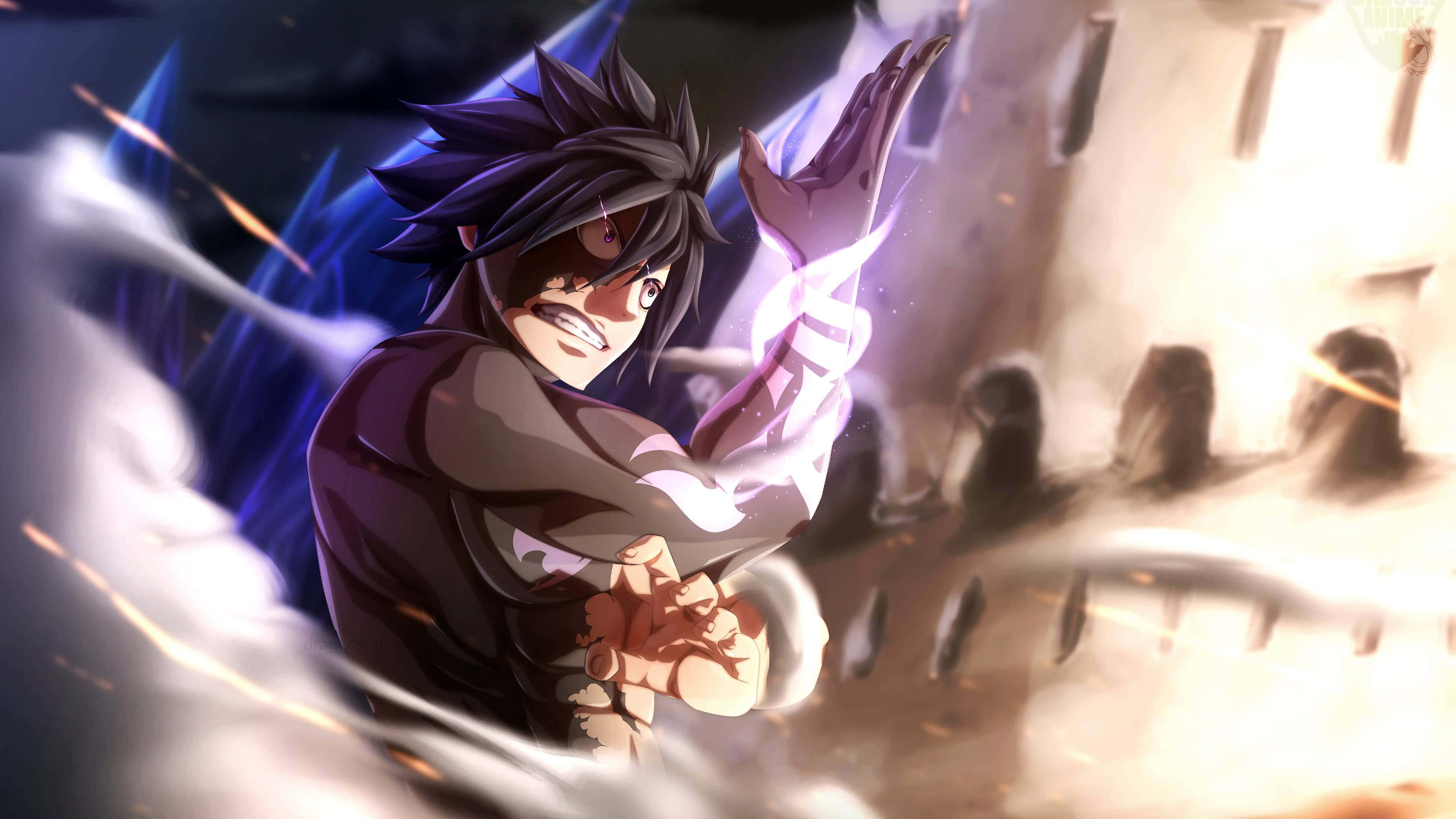 Gray Fullbuster, spiky-haired anime warrior, glowing purple energy, 4K Desktop Wallpaper