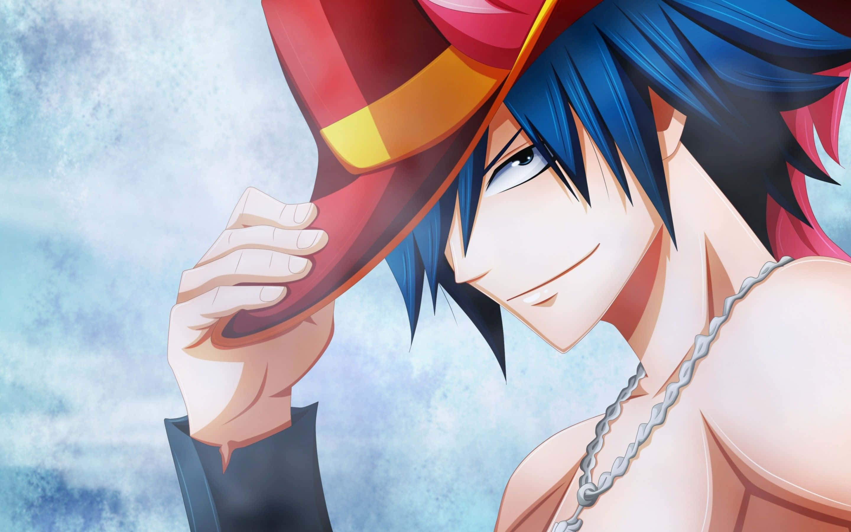 Gray Fullbuster, blue hair, red hat, 2K Desktop Wallpaper
