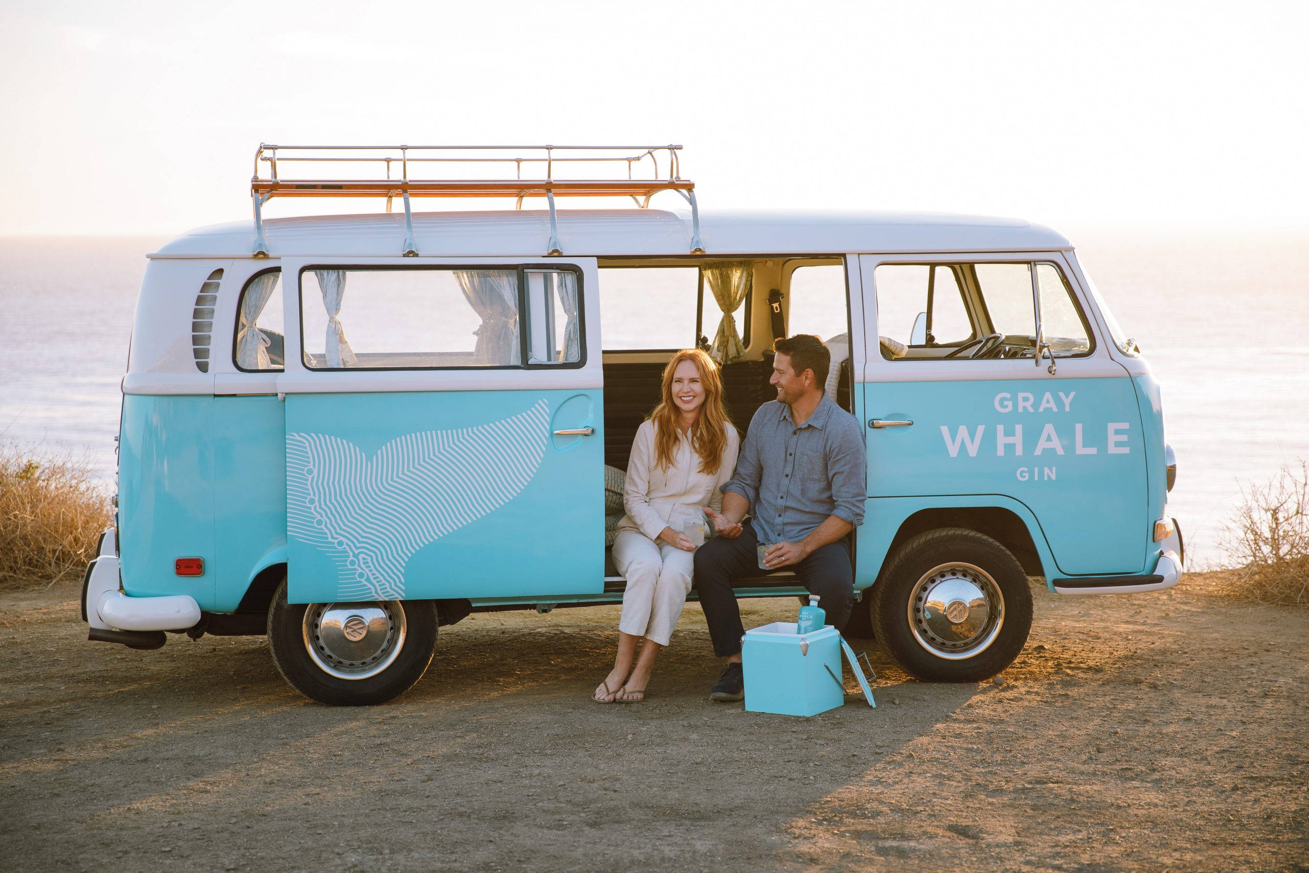 Gray Whale Gin, turquoise and white vintage van, sunlit coastal cliff, 2K Desktop Wallpaper