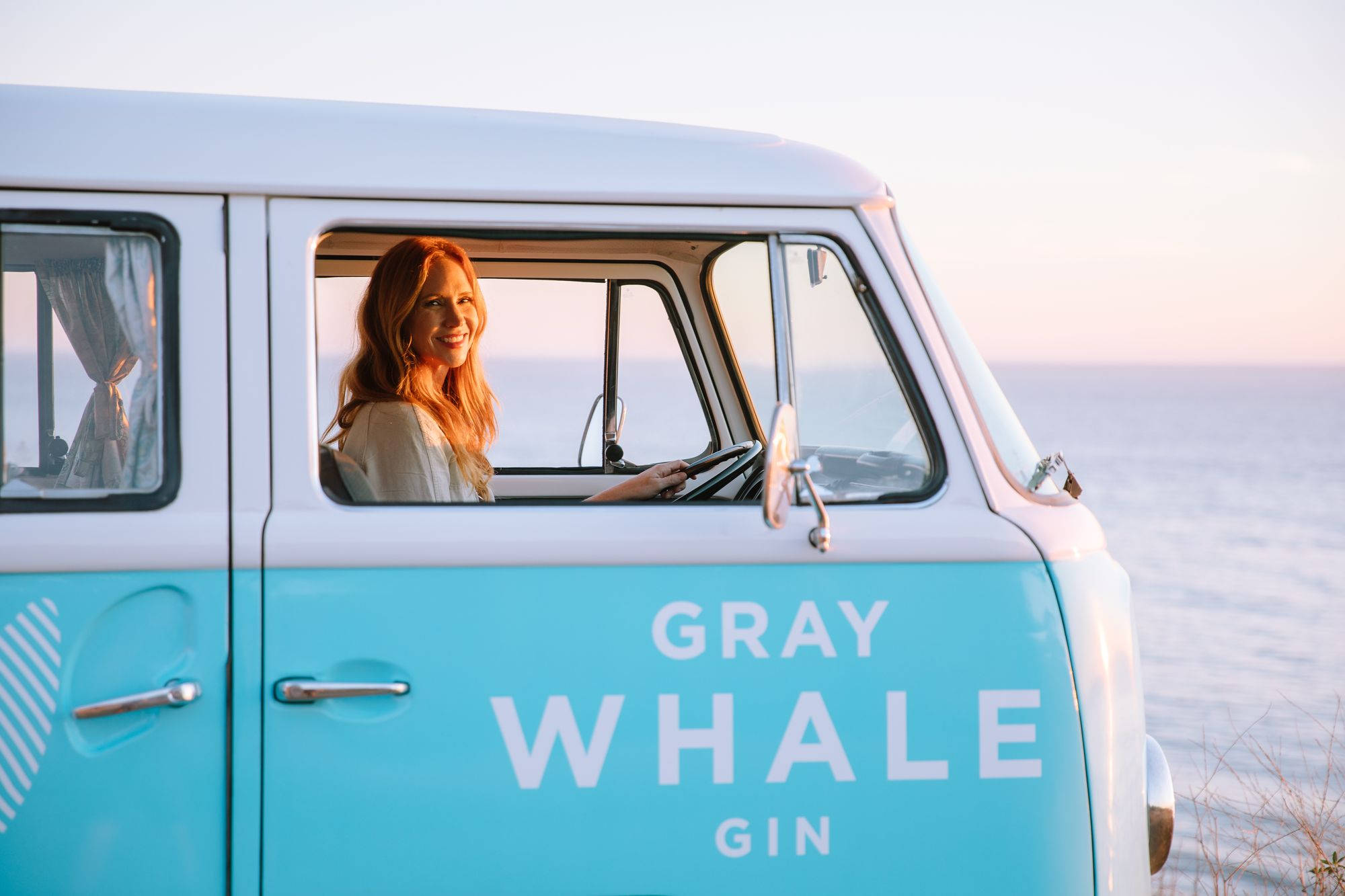 Gray Whale Gin, turquoise and white vintage van, coastal road, Full HD Desktop Wallpaper