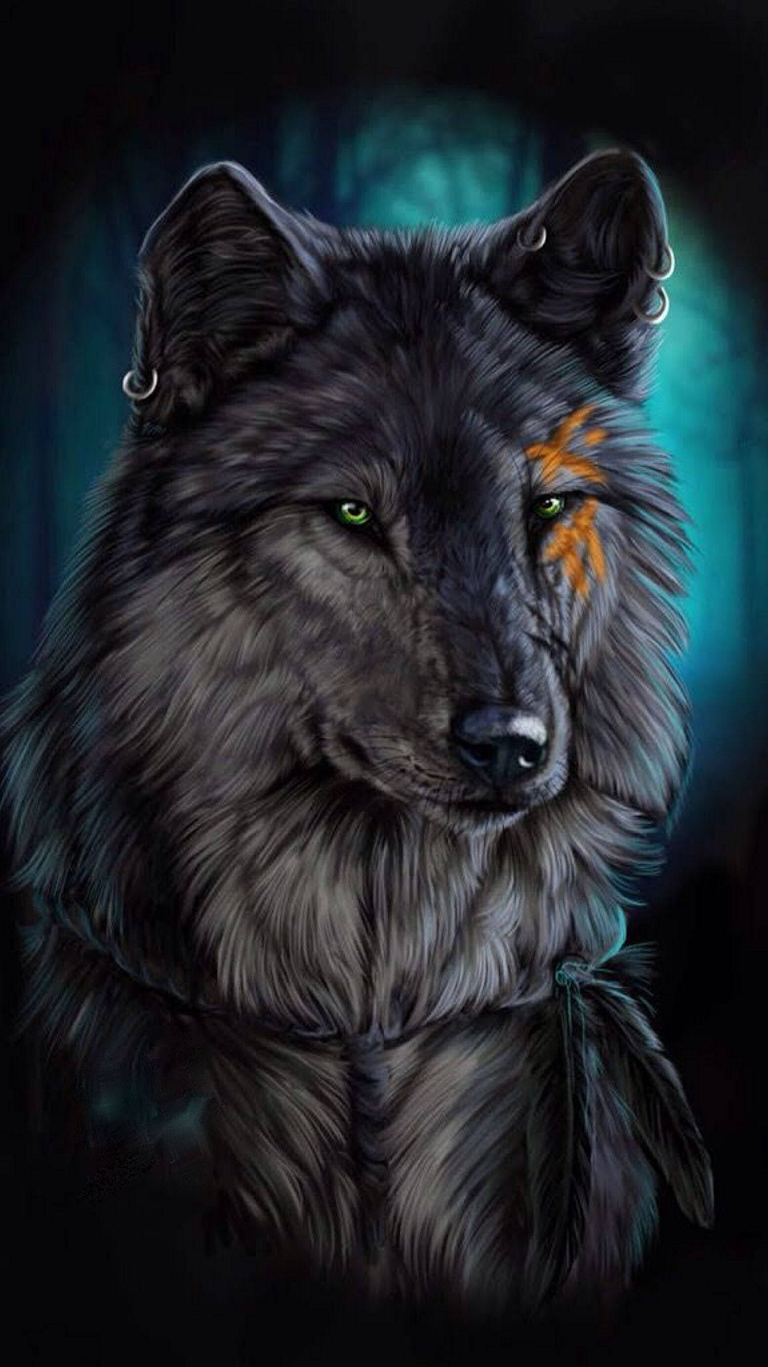 gray and black wolf, glowing green eyes, orange tribal markings, 2K Phone Wallpaper