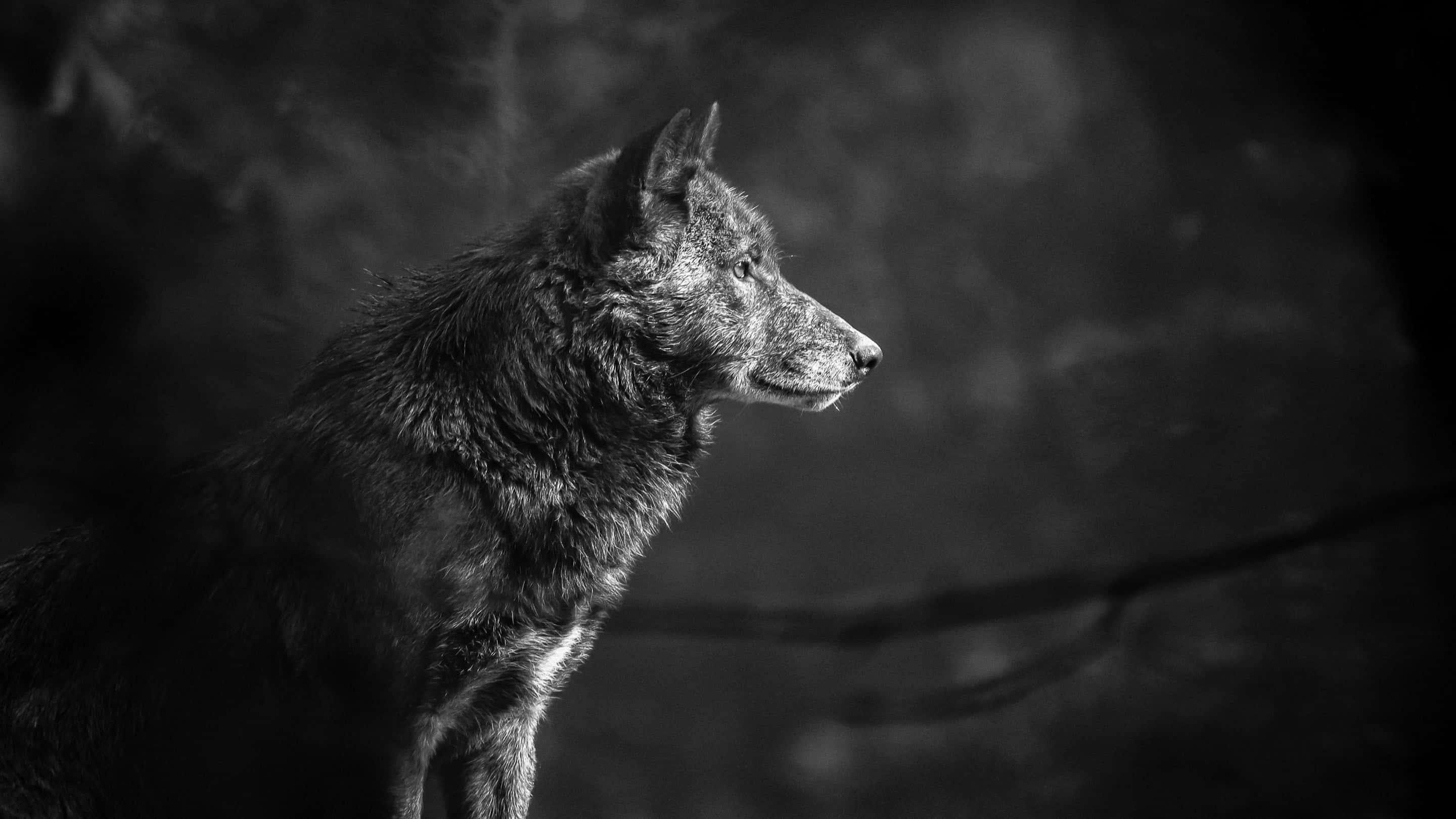Gray Wolf, monochrome, dark blurred forest, 2K Desktop Wallpaper