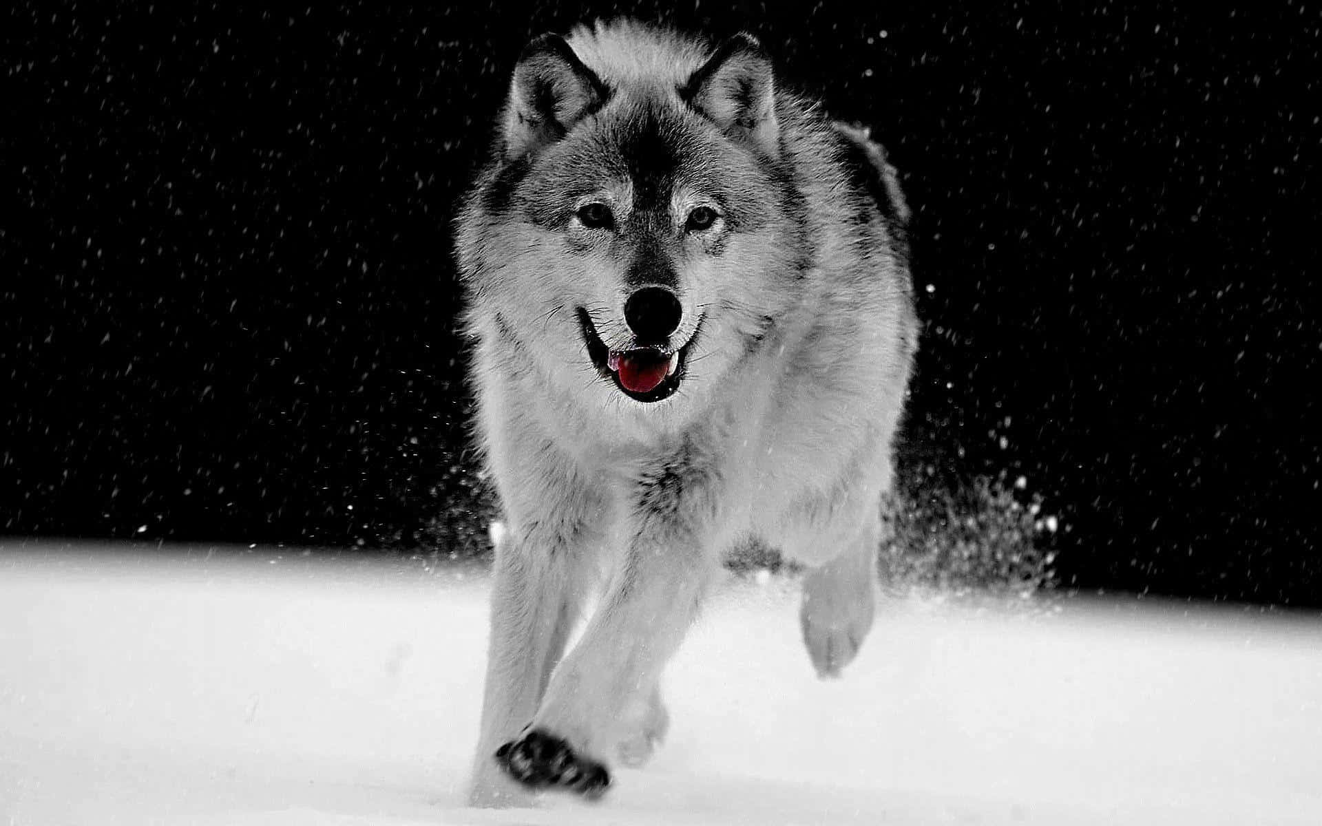Gray Wolf, sprinting, falling snow, Full HD Desktop Wallpaper