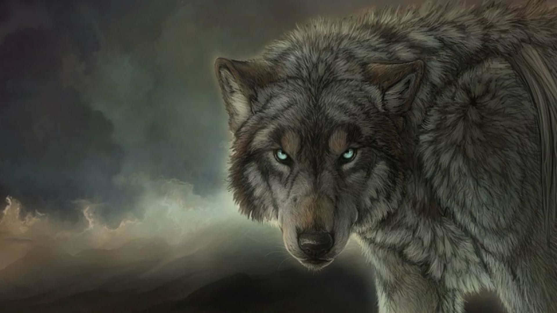 Gray Wolf, glowing blue eyes, stormy twilight sky, Full HD Desktop Wallpaper