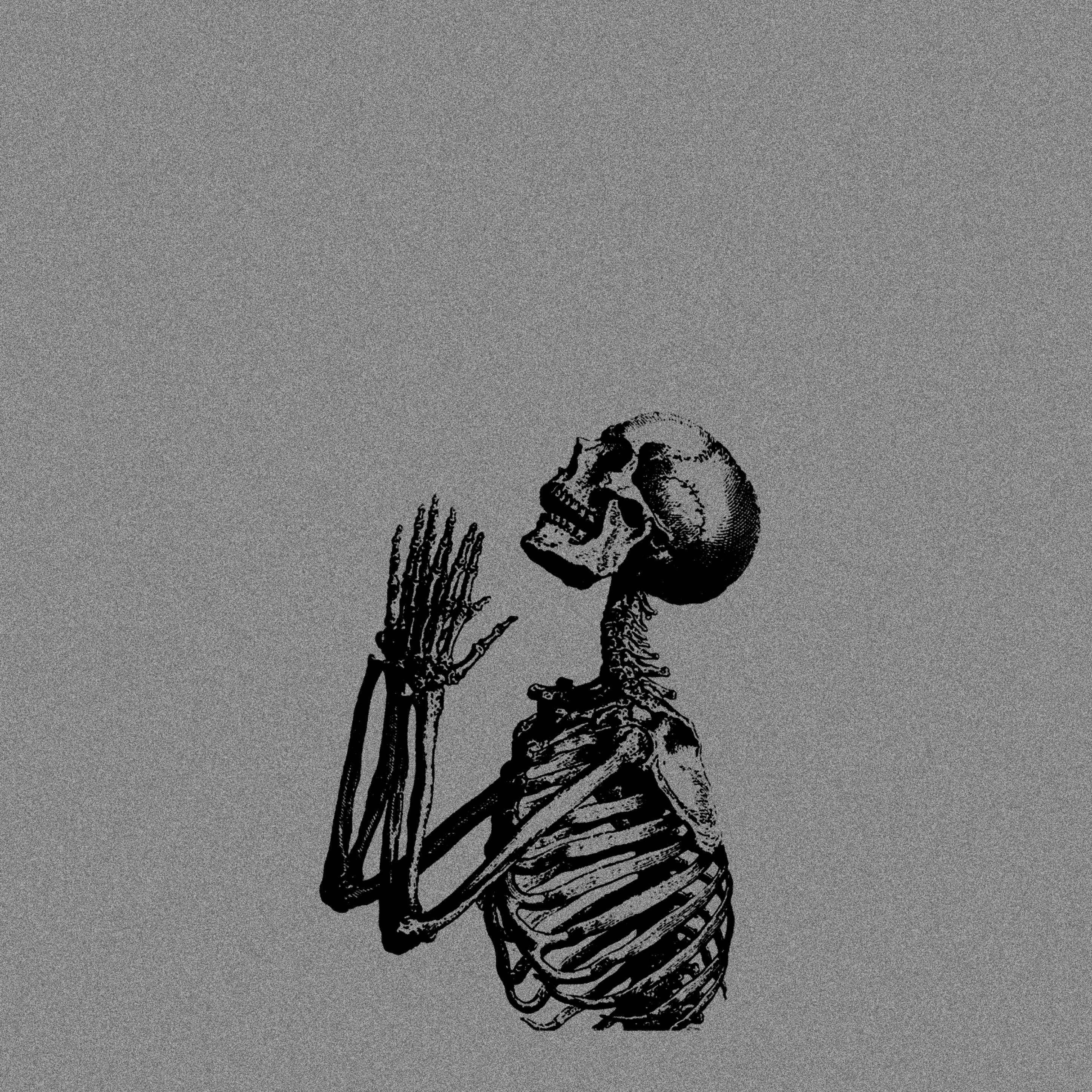 praying skeleton, black skeleton, grainy gray background, 2K Desktop Wallpaper