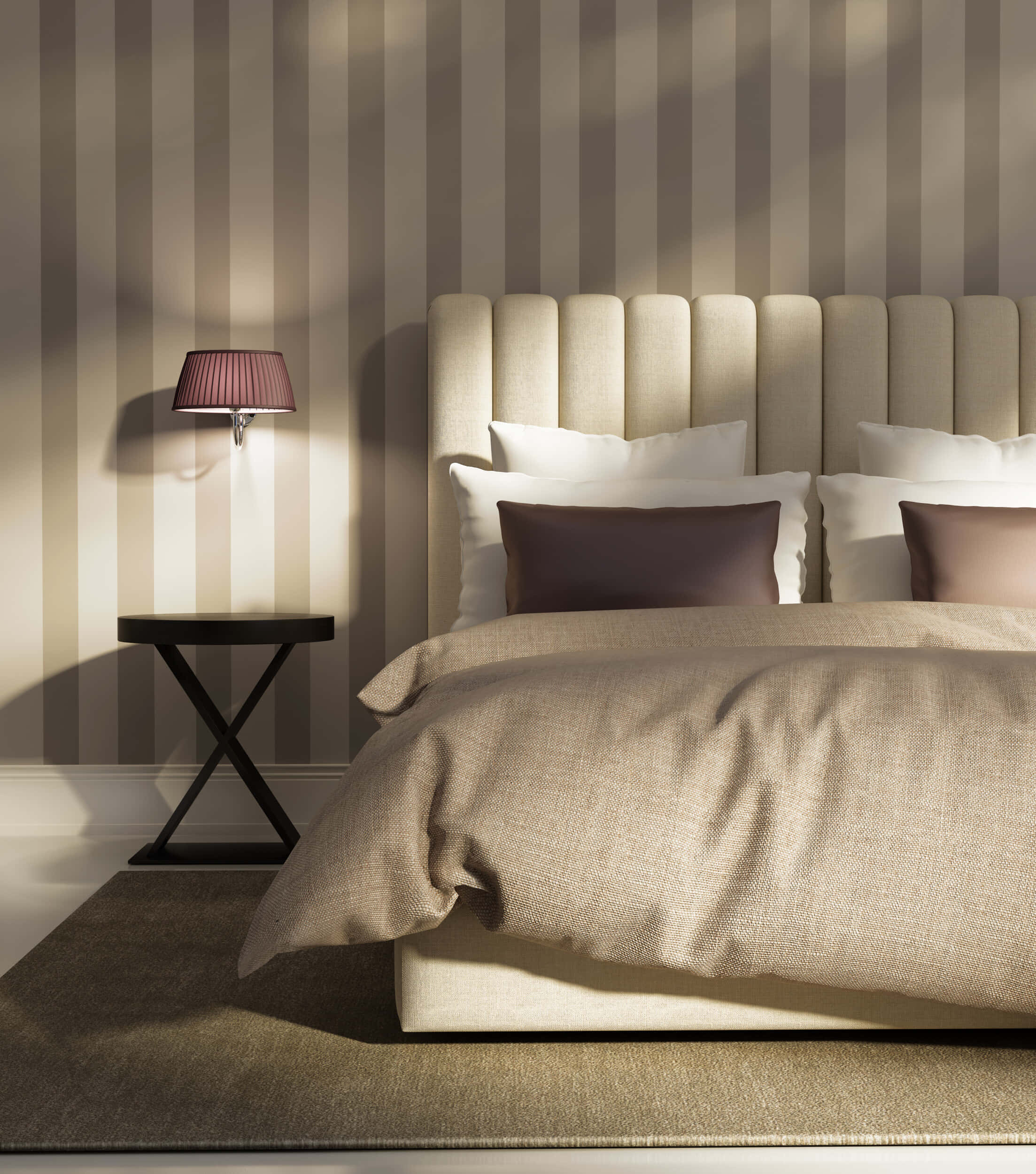 beige upholstered bed, striped wallpaper, black X-leg side table, Full HD Phone Wallpaper
