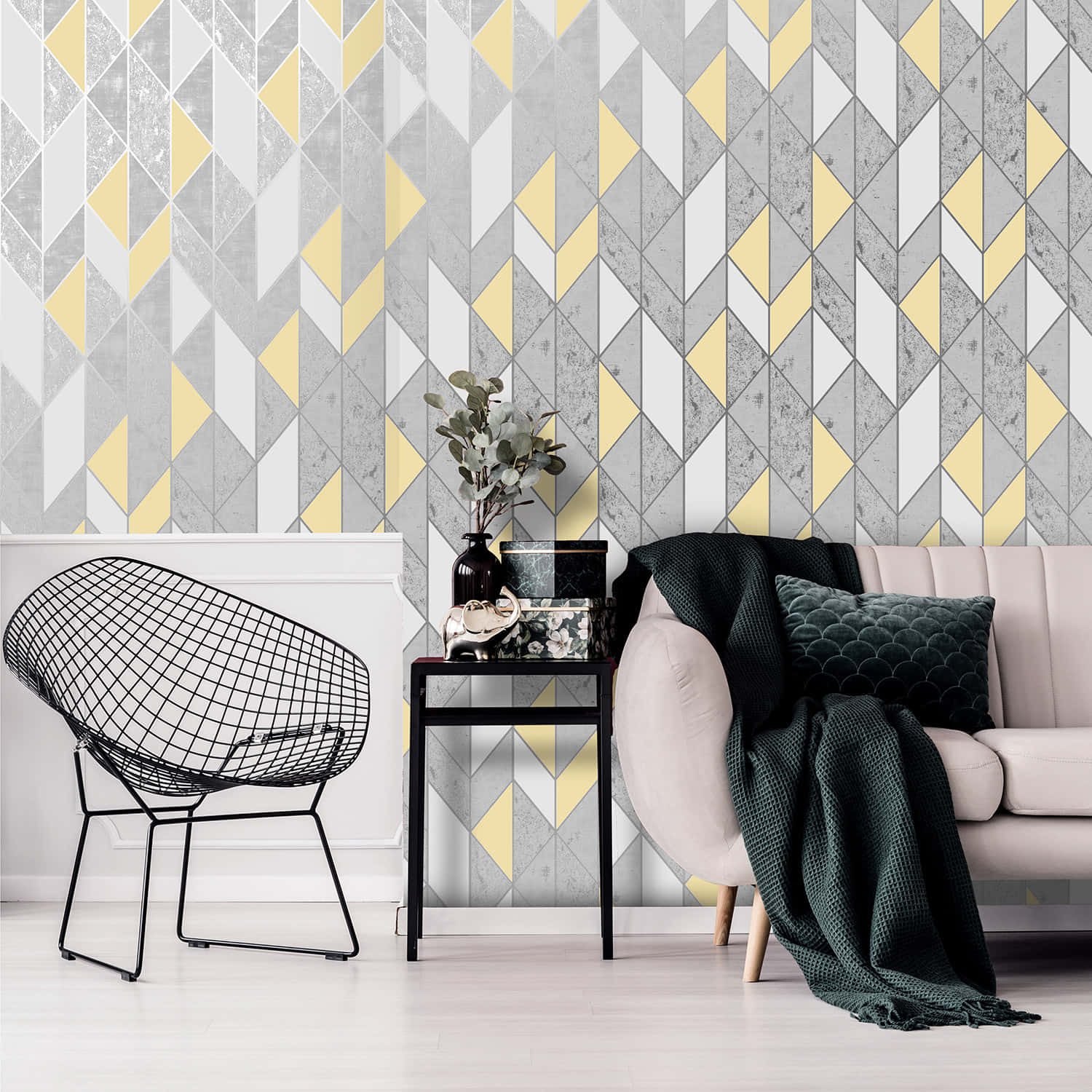 gray and yellow, geometric yellow gray wallpaper, black wire chair, HD Desktop Wallpaper