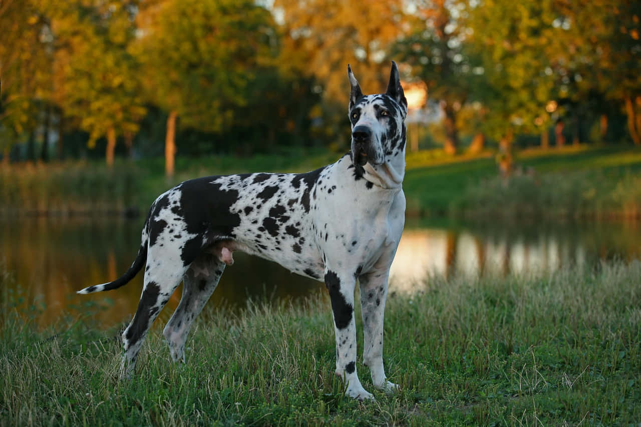 Great Dane, black and white, sunlit grassy field, HD Desktop Wallpaper