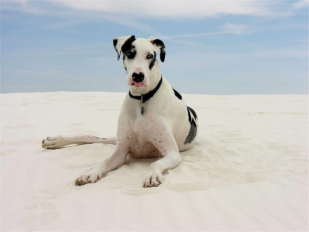 Great Dane, black and white markings, pristine white sand, SD Desktop Wallpaper