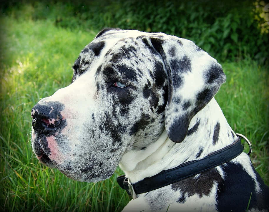 Great Dane, black and white spotted fur, vibrant green grass, SD Desktop Wallpaper