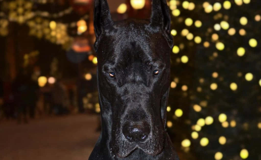 Black Great Dane, glowing golden bokeh lights, night, SD Desktop Wallpaper