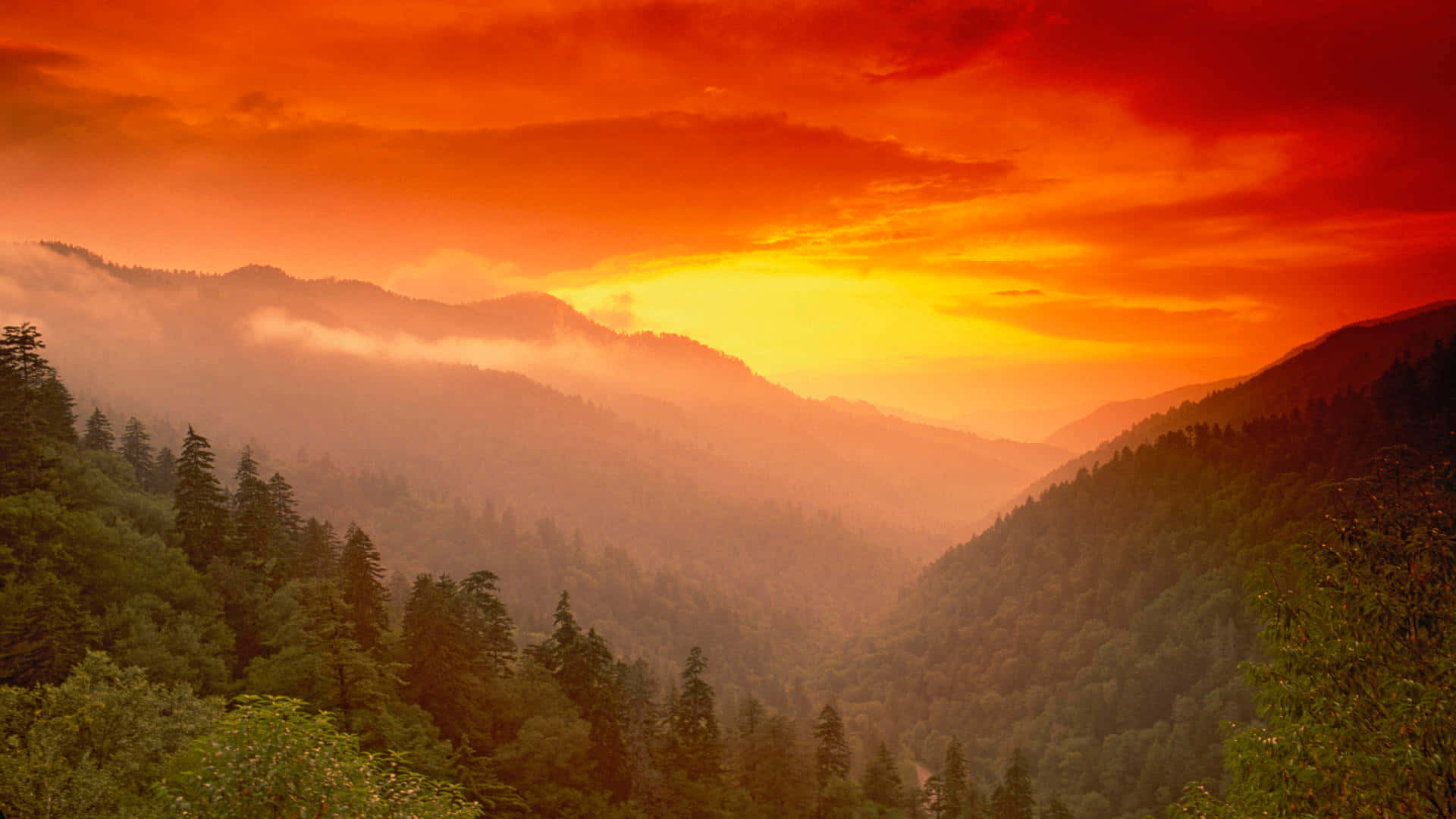 Great Smoky Mountains National Park, sunset, fiery orange, Full HD Desktop Wallpaper