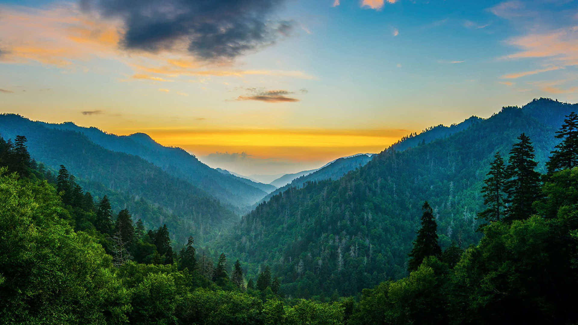 Great Smoky Mountains National Park, Sunset, golden hues, Full HD Desktop Wallpaper