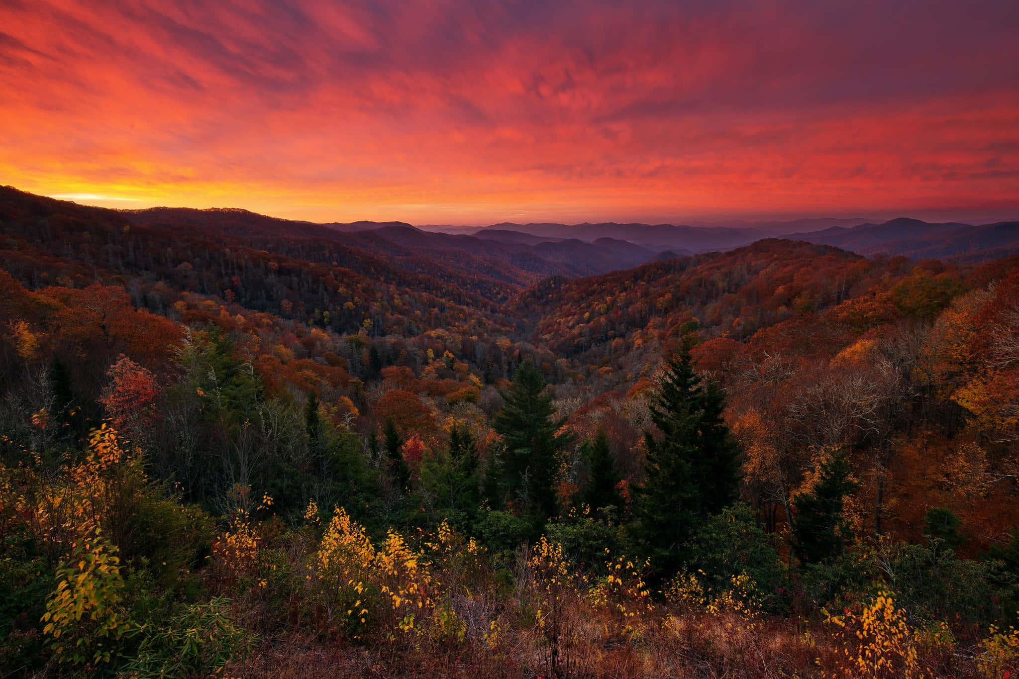 Great Smoky Mountains National Park, red sky, autumn valley, Full HD Desktop Wallpaper