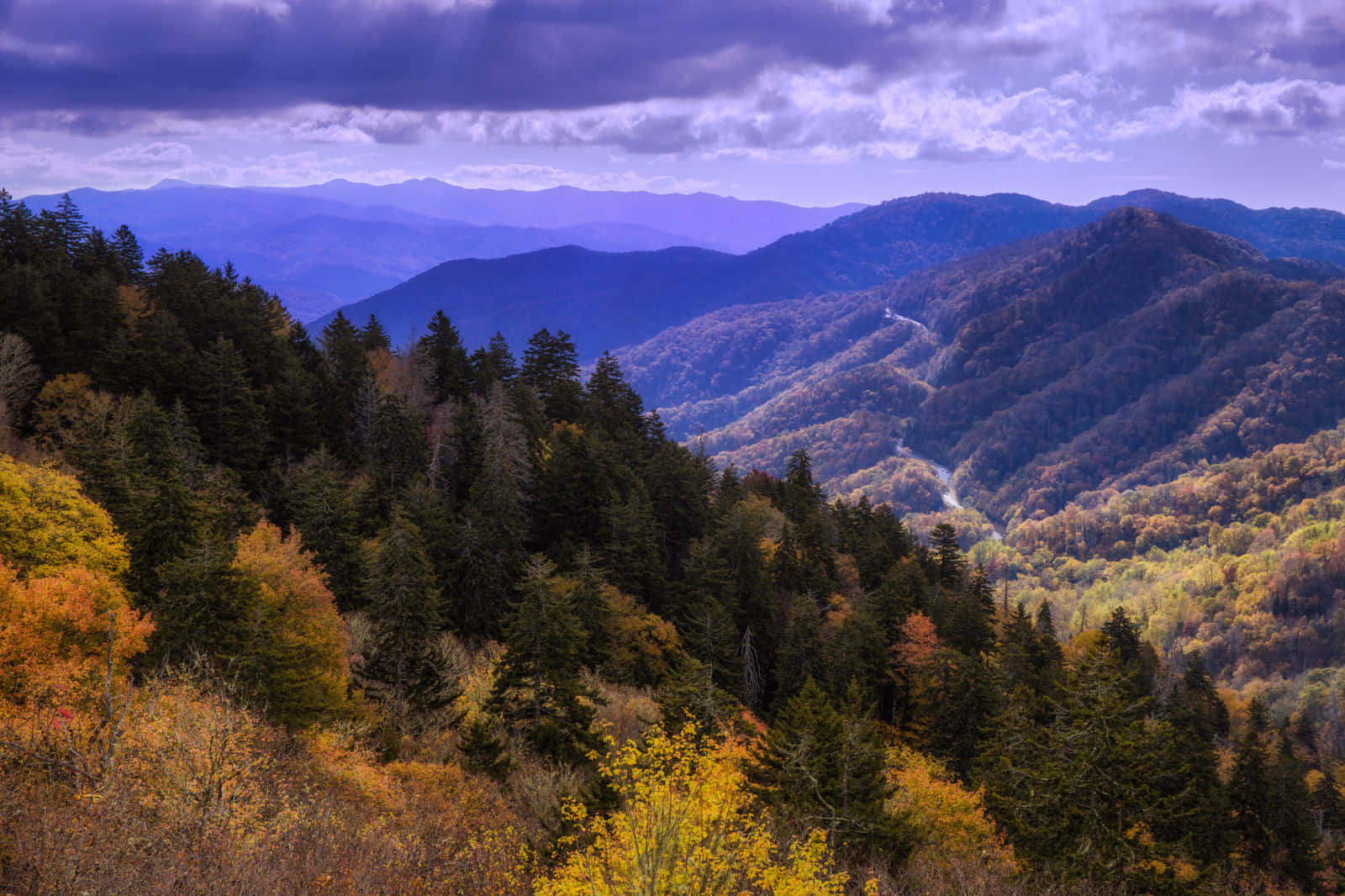 Great Smoky Mountains National Park, purple sky, autumn vista, HD Desktop Wallpaper