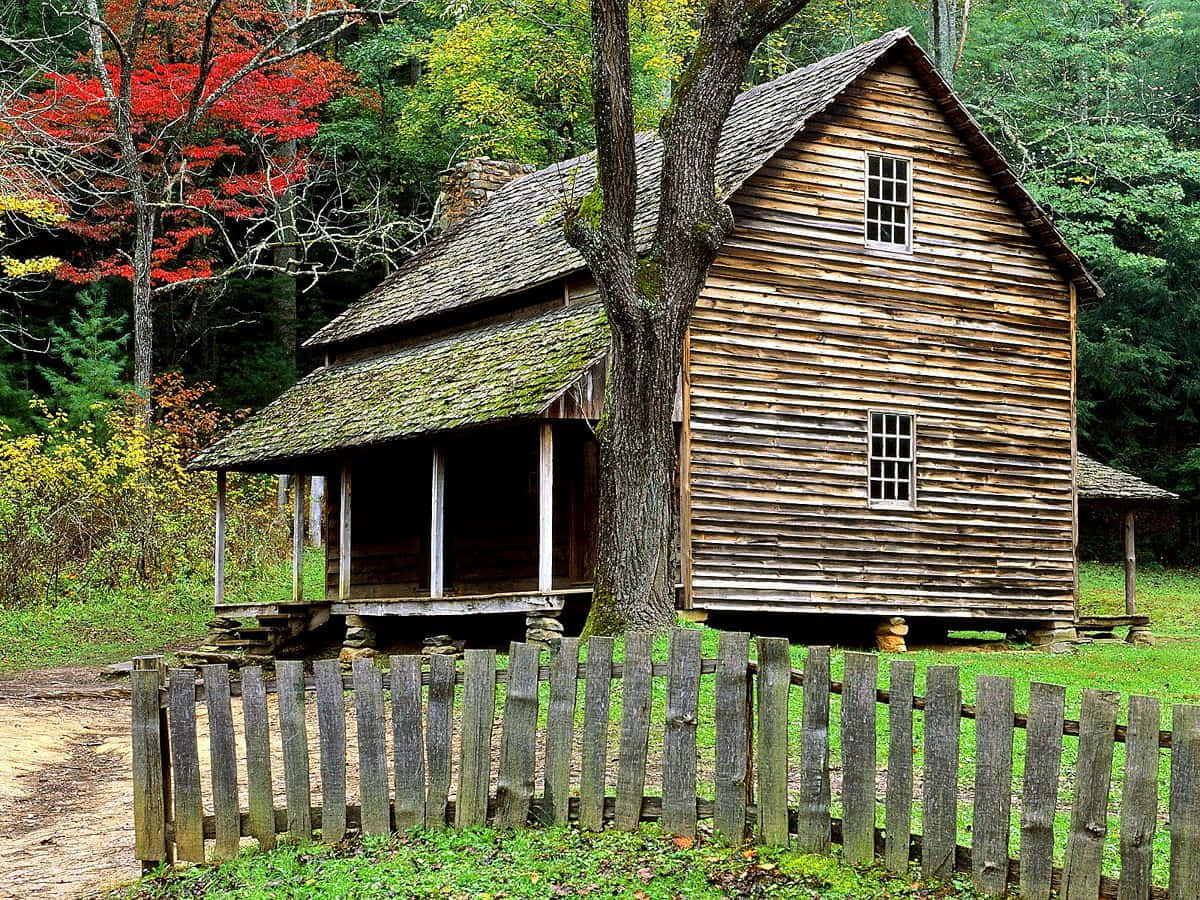 Great Smoky Mountains National Park, mossy roof, rustic fence, SD Desktop Wallpaper