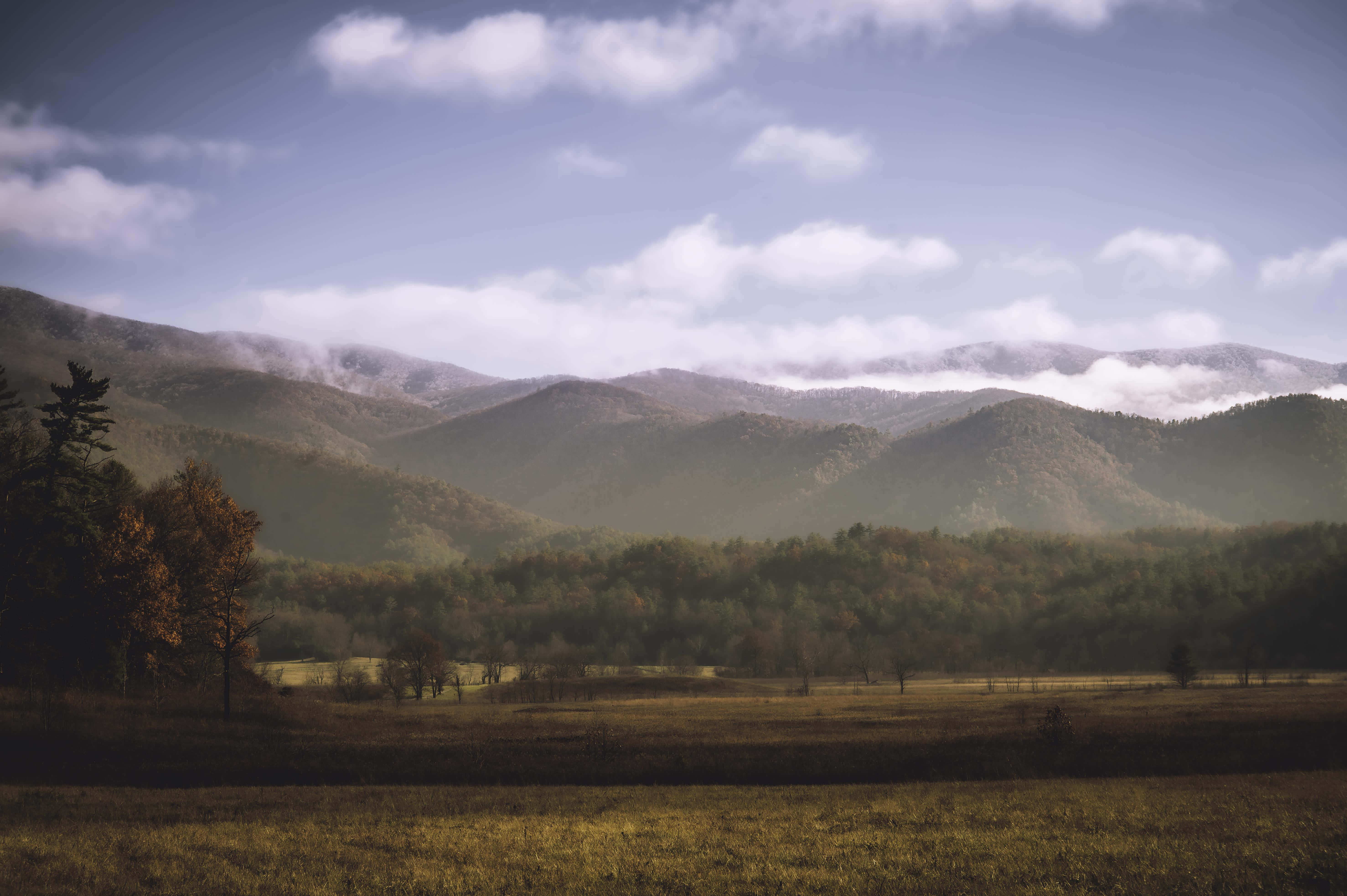 Great Smoky Mountains National Park, cloudy sky, misty mountain range, 5K Desktop Wallpaper