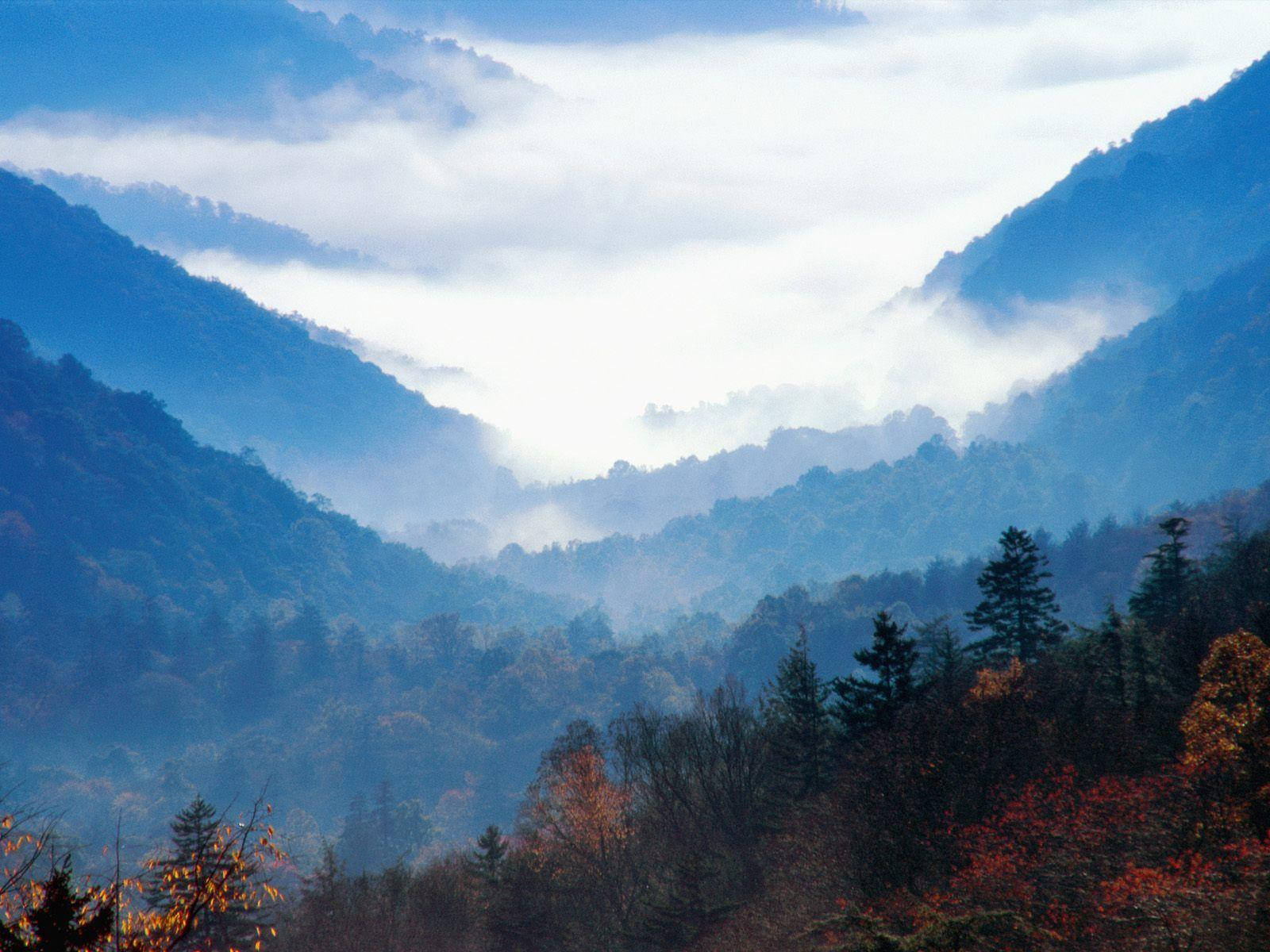 Great Smoky Mountains, misty blue mountains, autumn foliage, HD Desktop Wallpaper