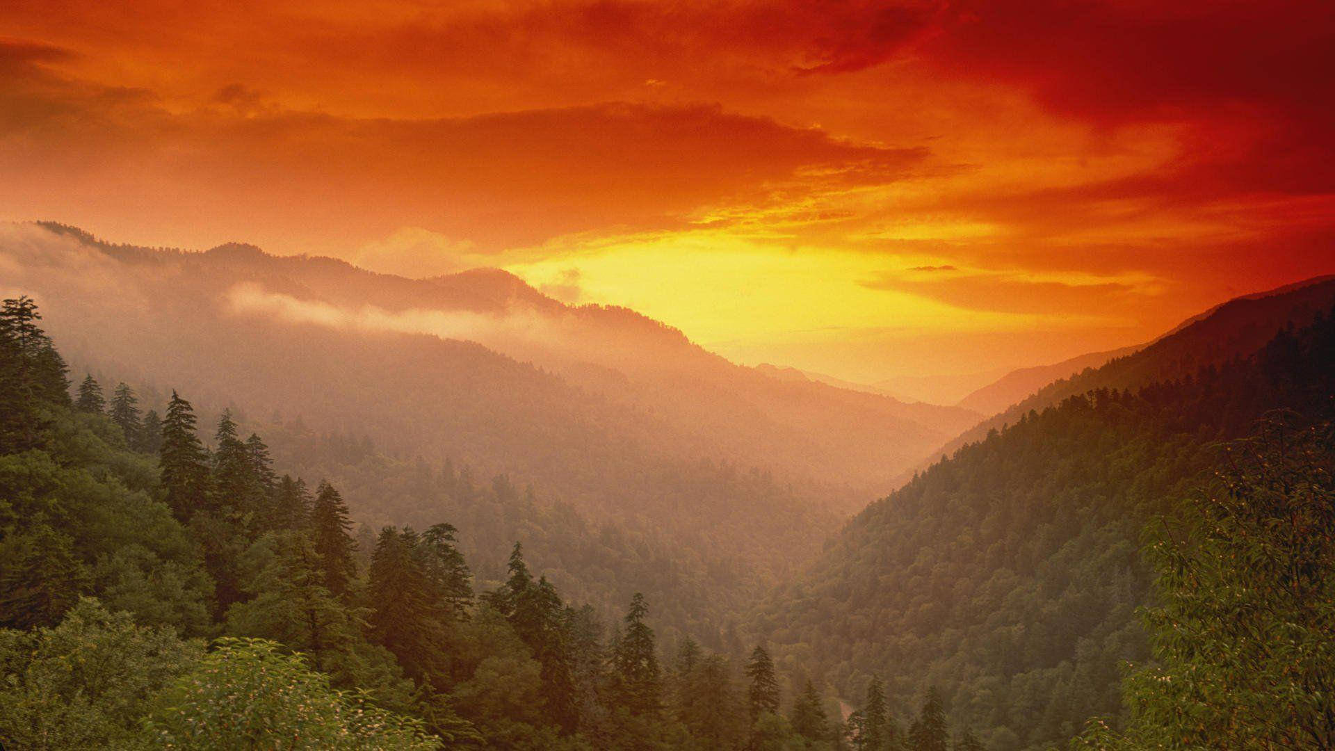 Great Smoky Mountains, sunset, misty mountain valleys, Full HD Desktop Wallpaper