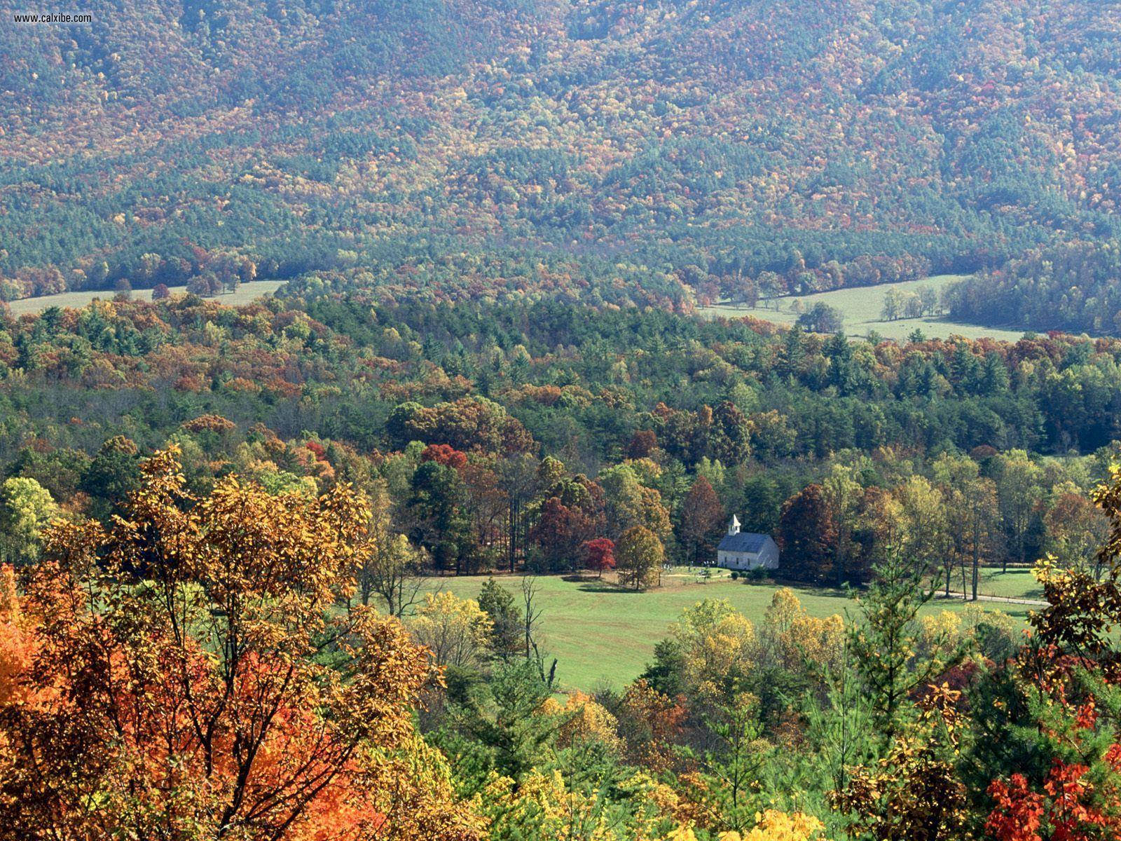 Great Smoky Mountains, autumn valley, white church, HD Desktop Wallpaper