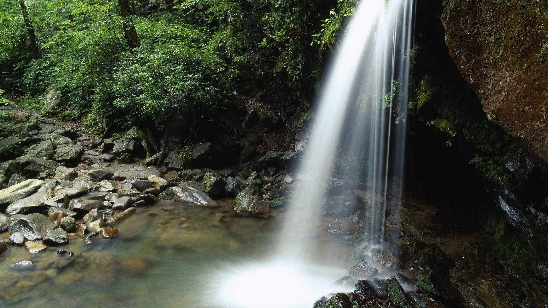 Great Smoky Mountains, waterfall, lush green forest, Full HD Desktop Wallpaper